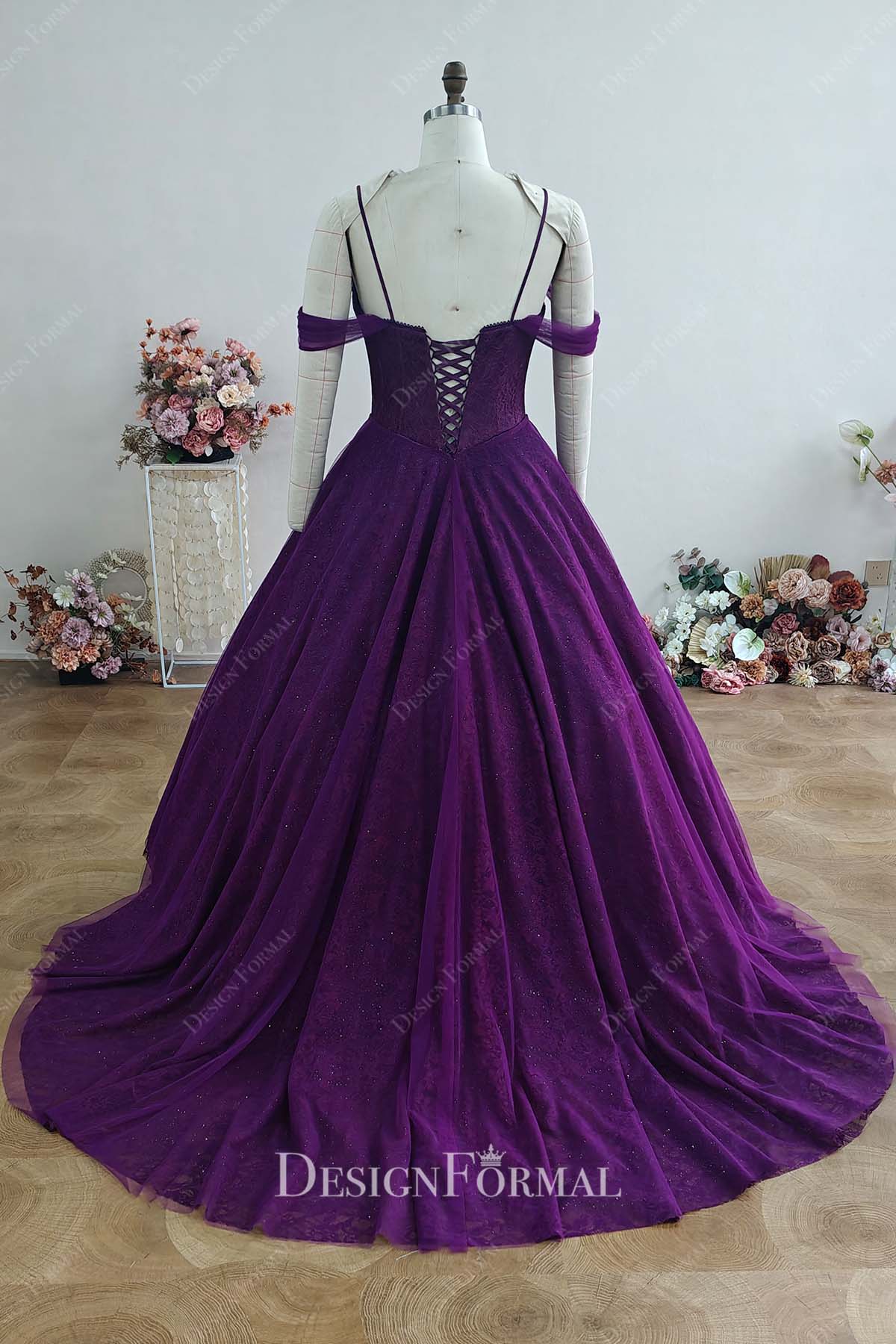 plum lace court train prom ballgown