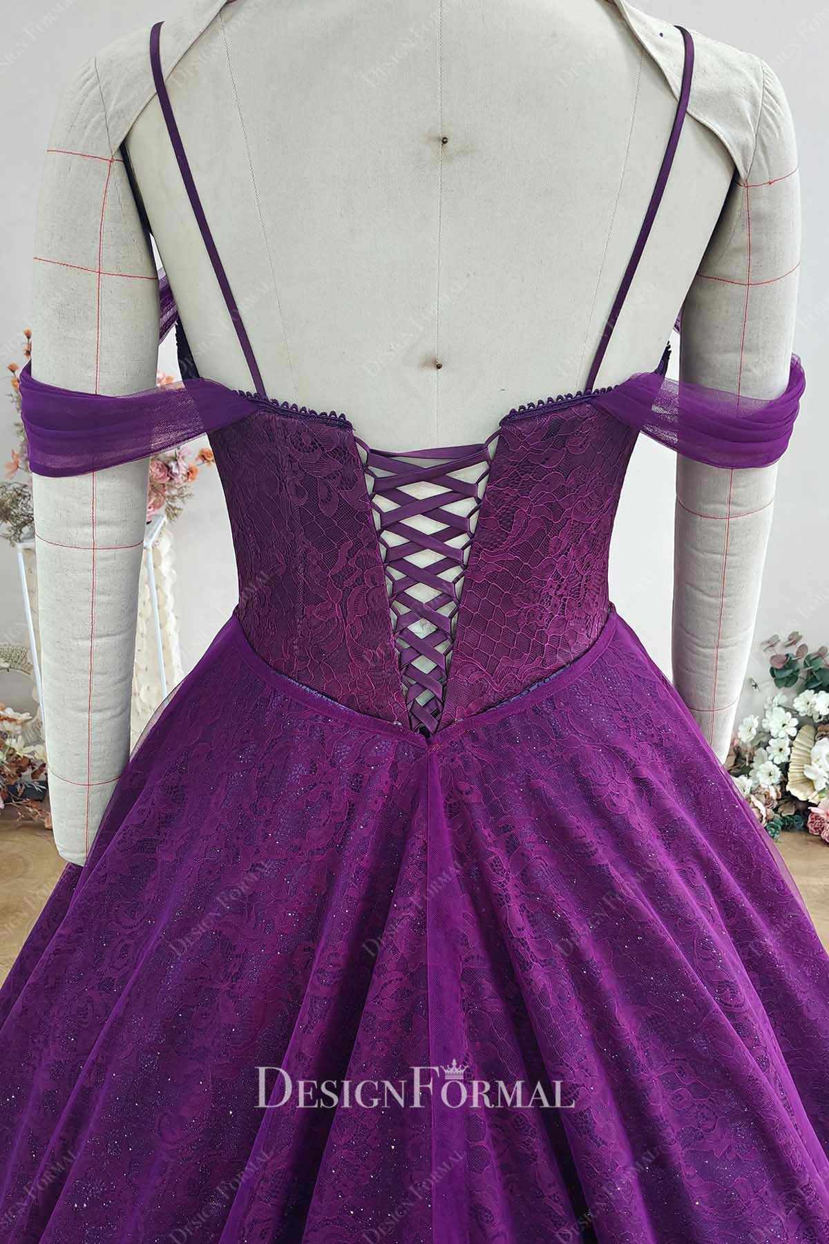 plum lace detachable overskirt prom ballgown