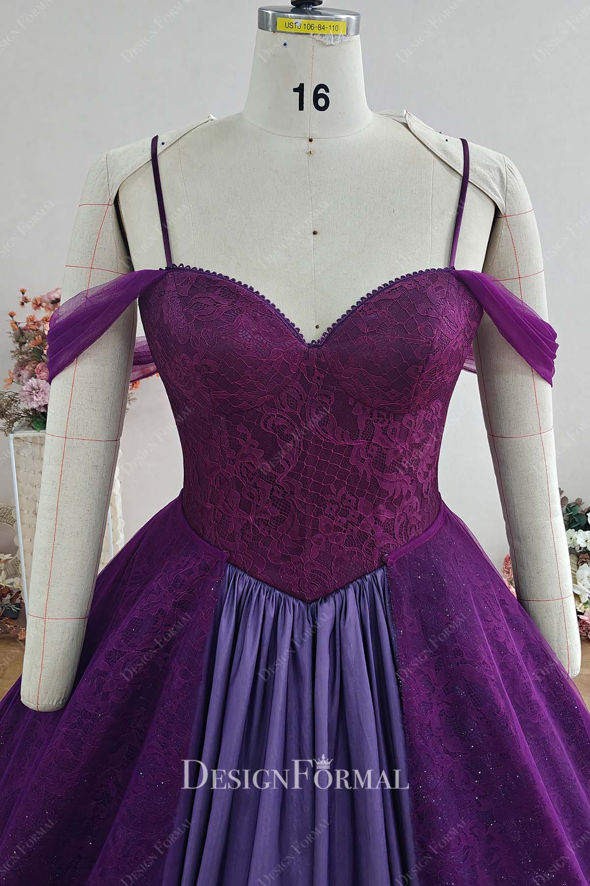 plum lace sweetheart neck prom ballgown