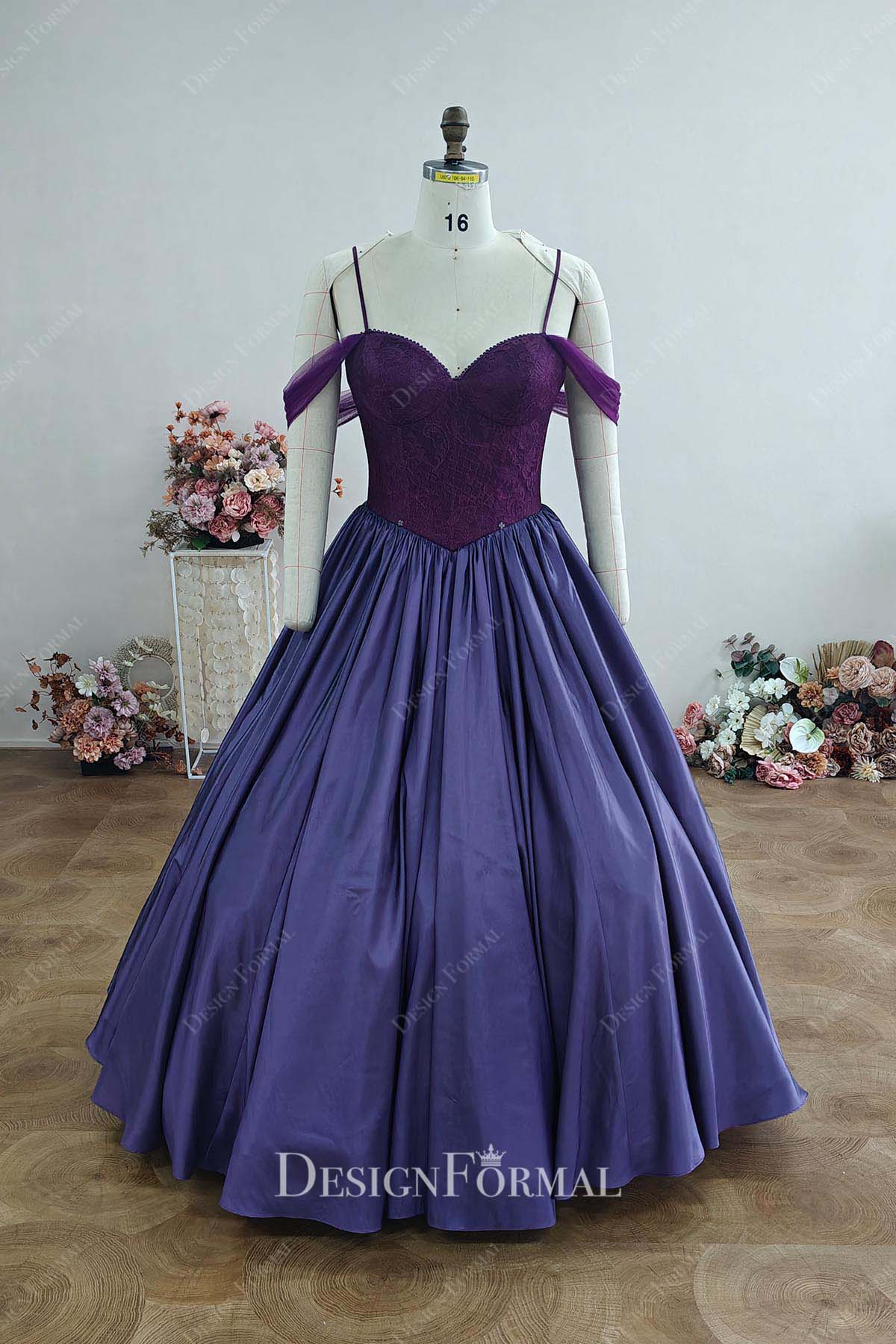 plum lace thin straps prom ballgown