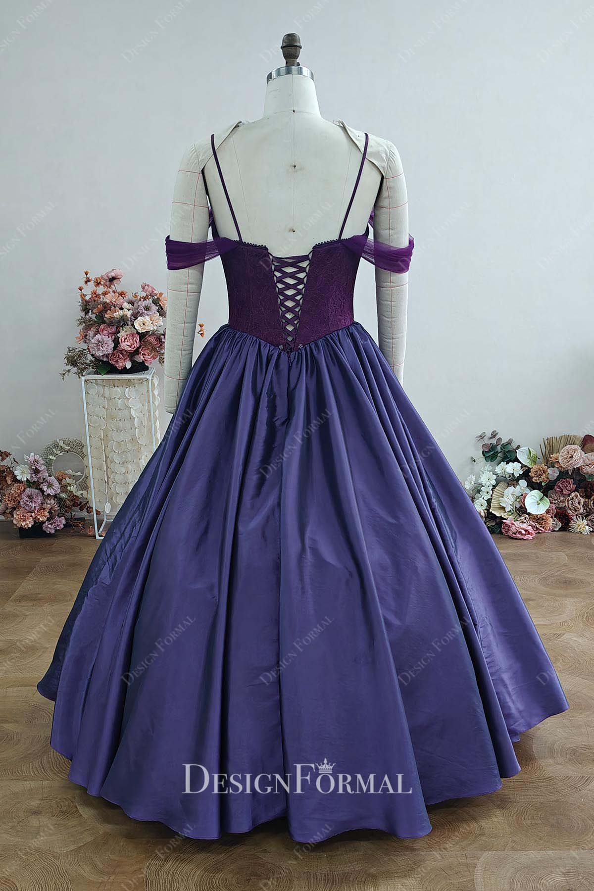 plum lace up back prom ballgown