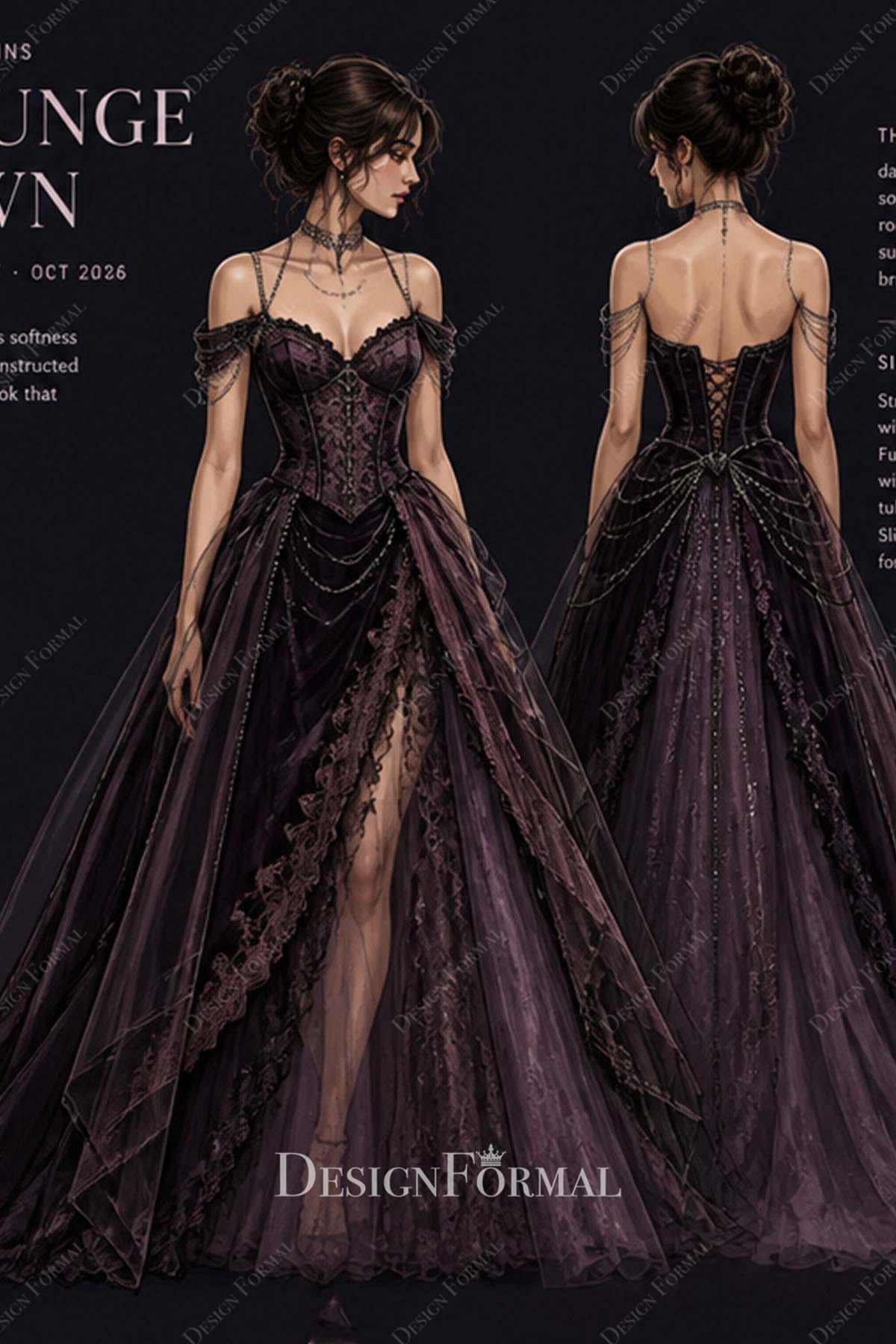 plum velvet off the shoulder prom ballgown