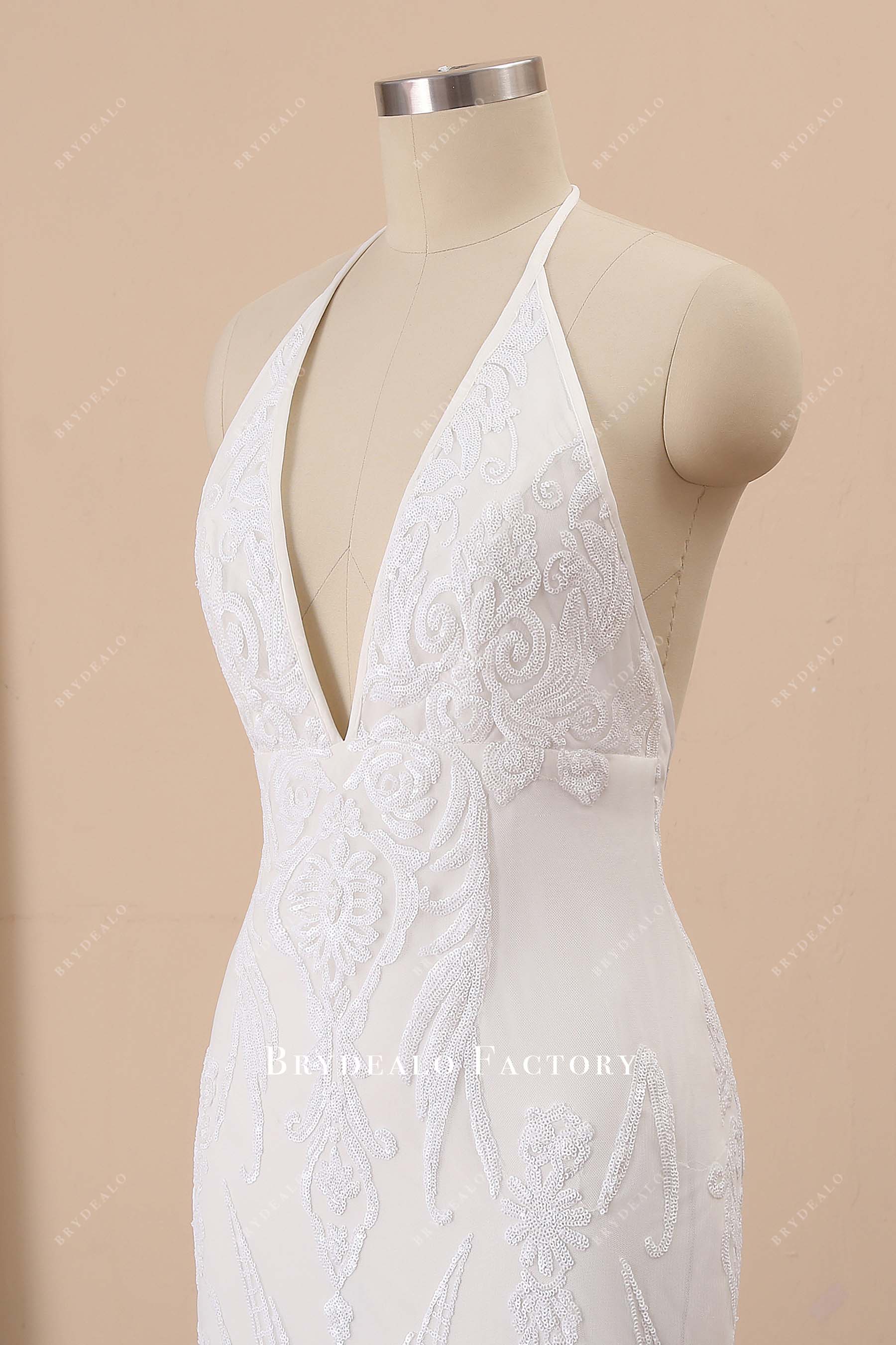 plunging neck halter strap sleeveless white prom dress