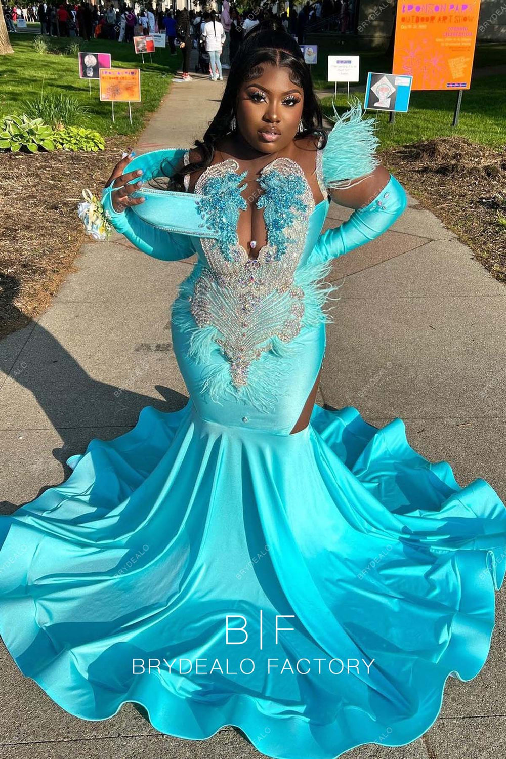 Spa Blue Spandex Plunging Neck Rhinestones Mermaid Prom Dress