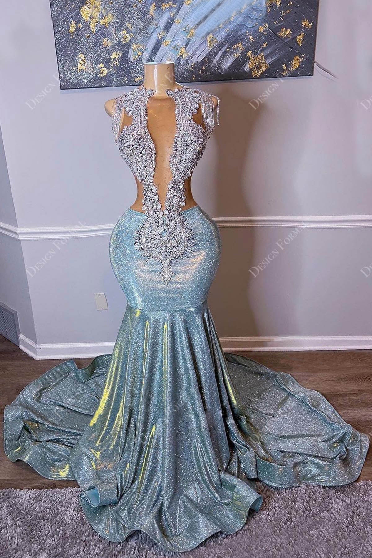 plunging neck bling bling rhinestones mermaid prom dress