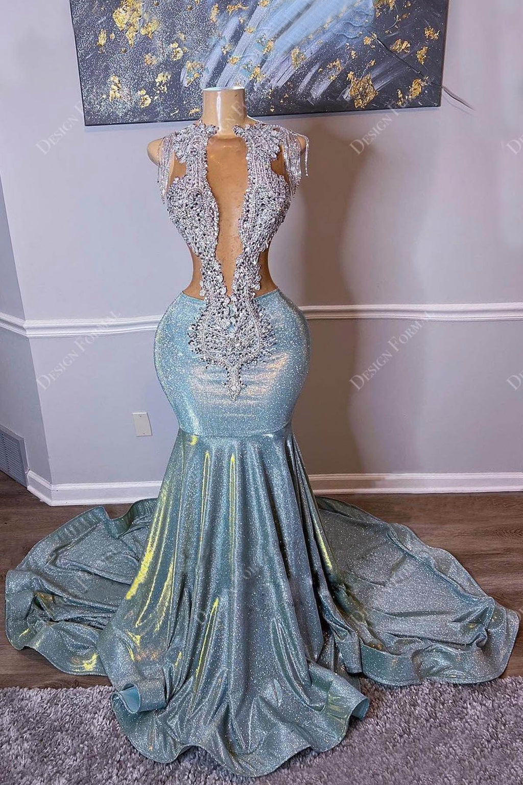 Navy Glitter Strapless Plunging Slit Prom Dress