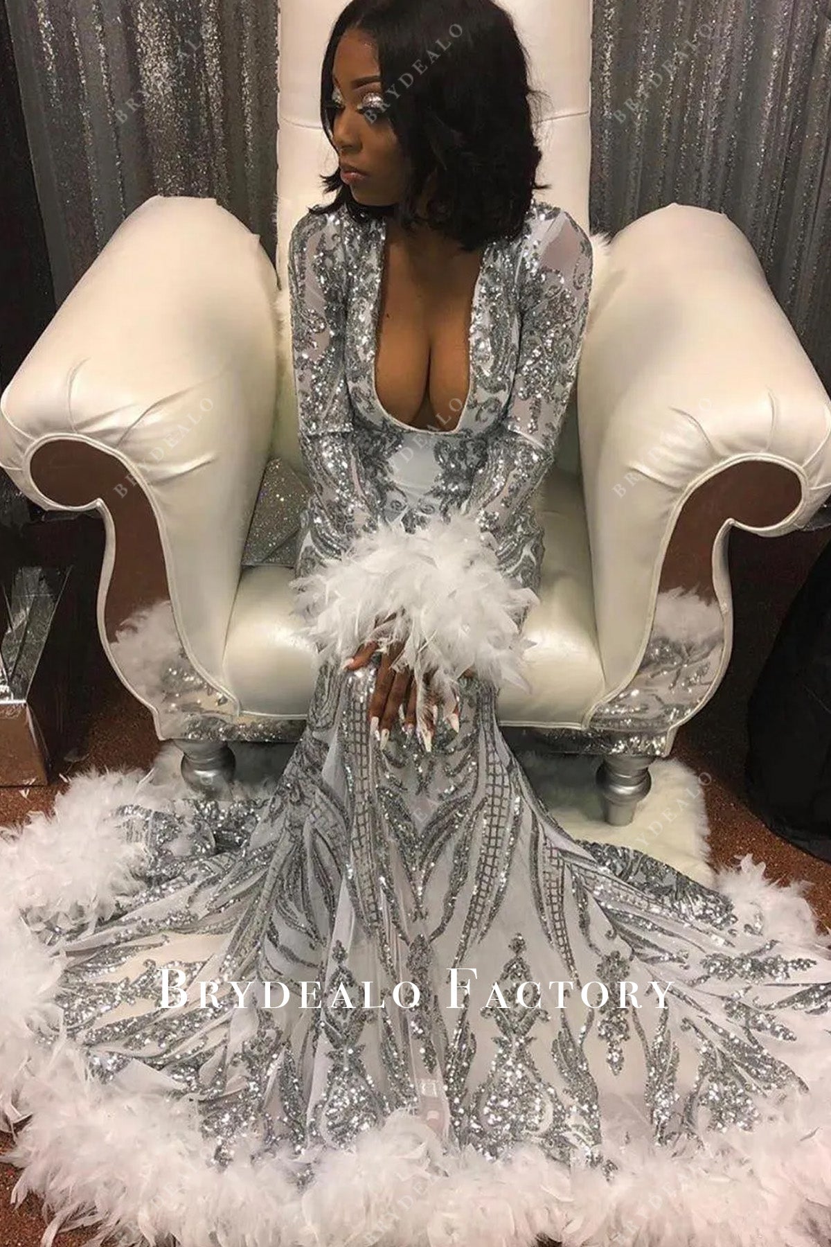 plunging neck unique silver sequin mermaid prom gown