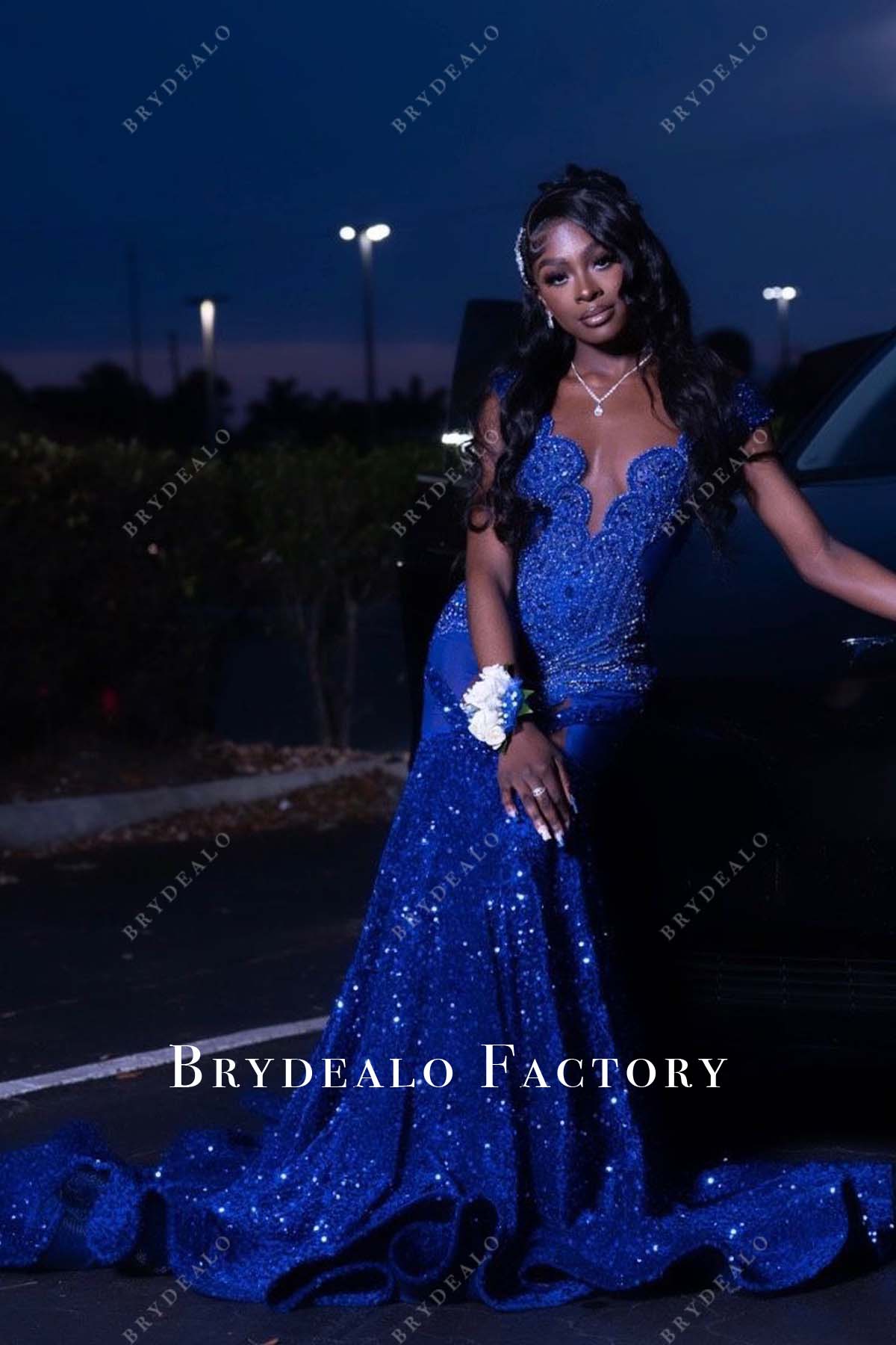plunging neck mermaid royal blue formal gown