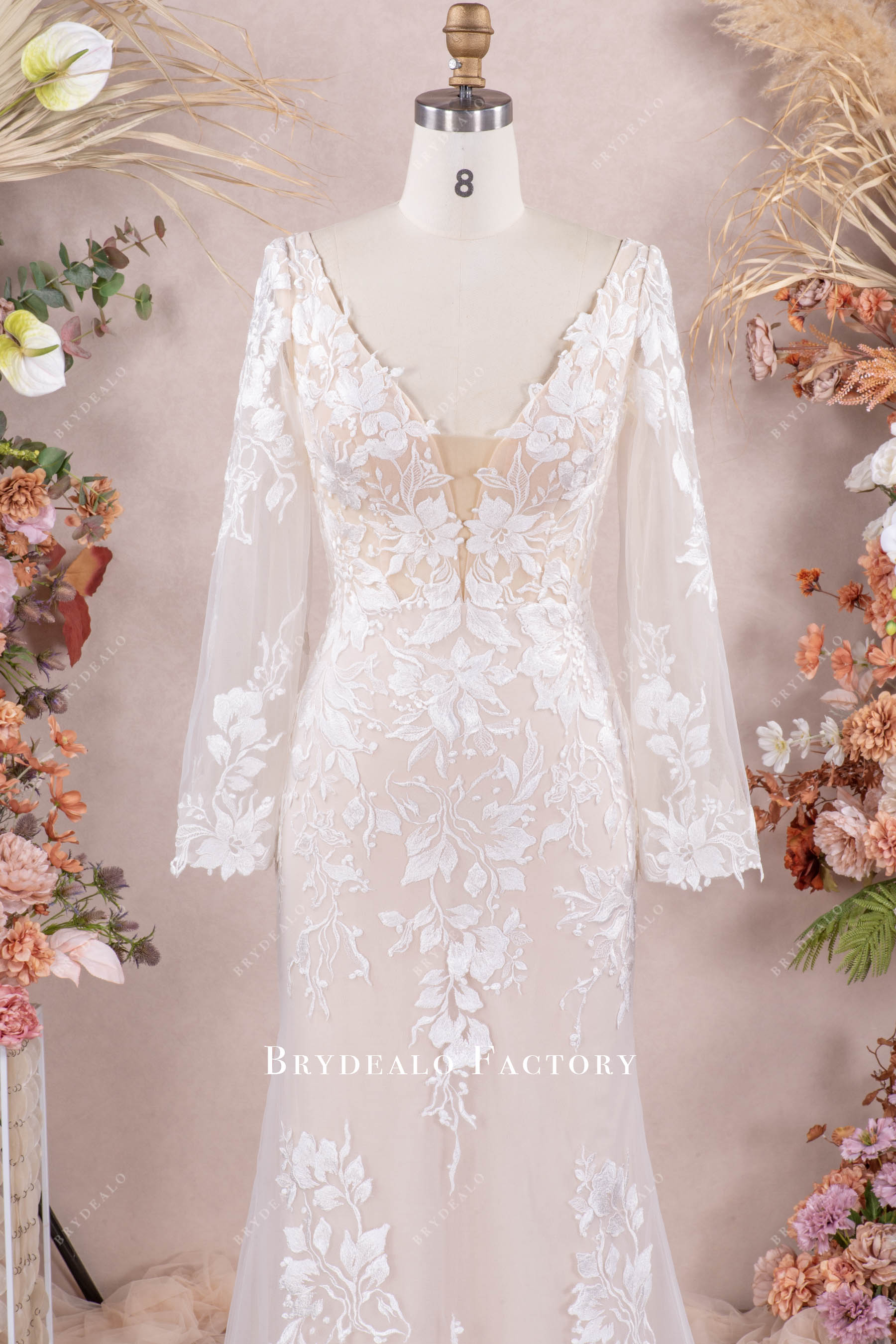 Romantic Floral Lace Bell Sleeve Mermaid Wedding Dress