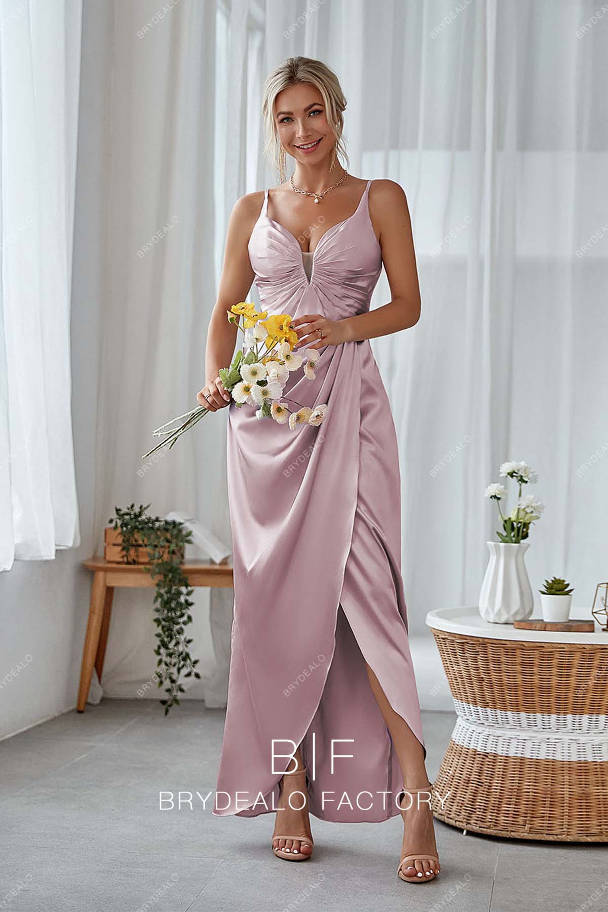 plunging neck Wisteria slit long bridesmaid gown