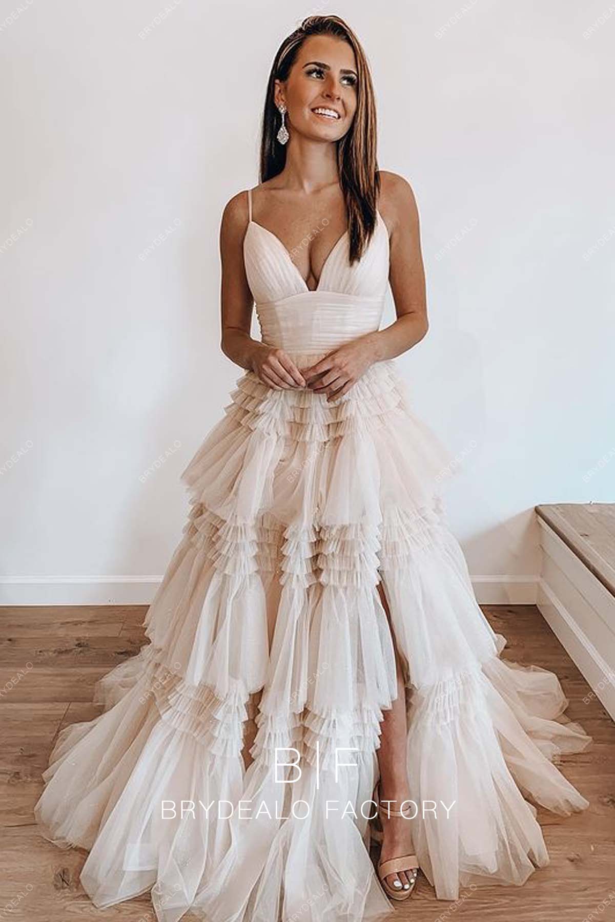 Plunging Spaghetti Straps Tiered Tulle Slit Wedding Ball Gown