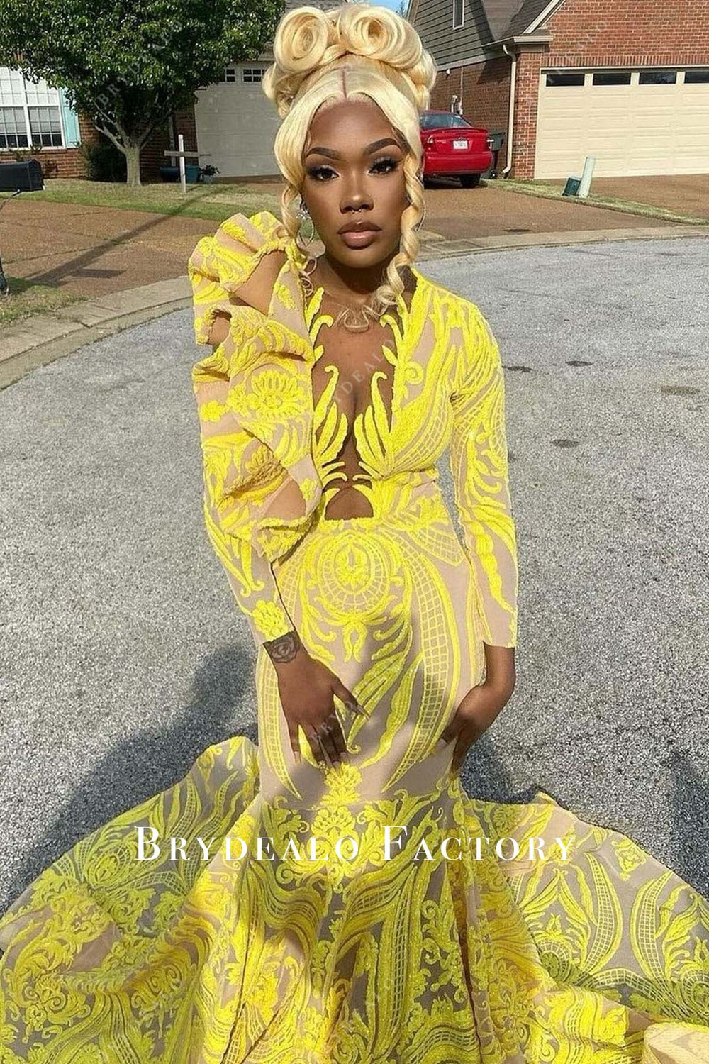Biztunnel Yellow Long Mermaid Jewel Tulle Satin Prom Dress with Sleeves