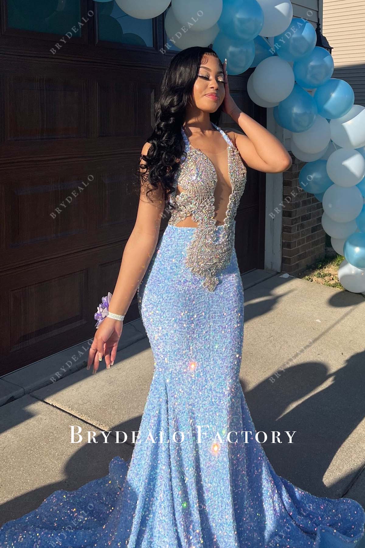 Blue Sequin Halter Neck Rhinestone Mermaid Prom Dress