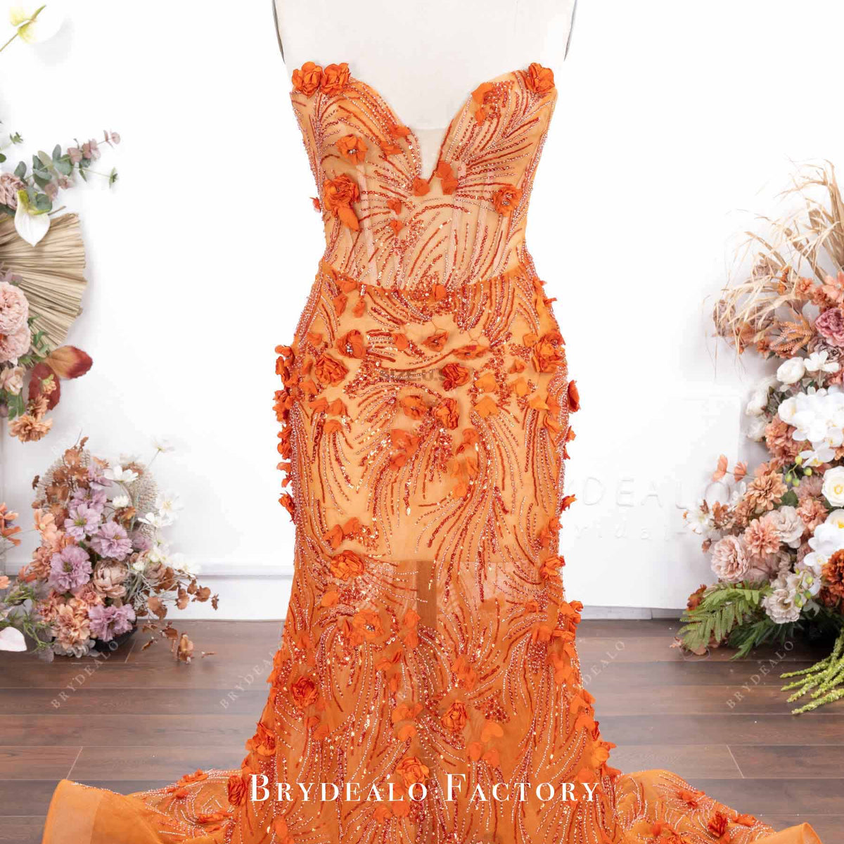 Plus Size Orange Corset 3D Flower Mermaid Prom Dress