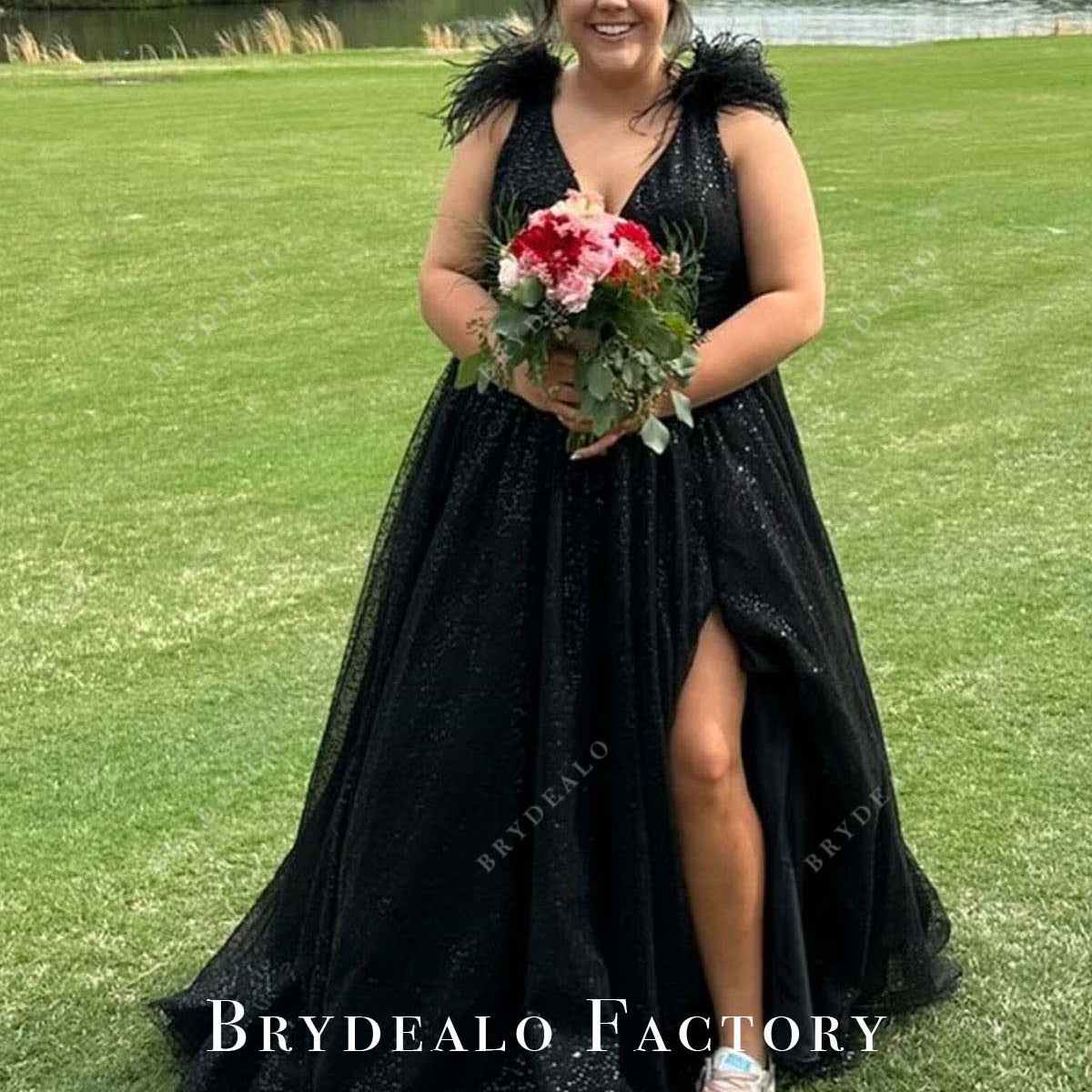 Plus Size Black Sequined Feathered Homecoming Dress