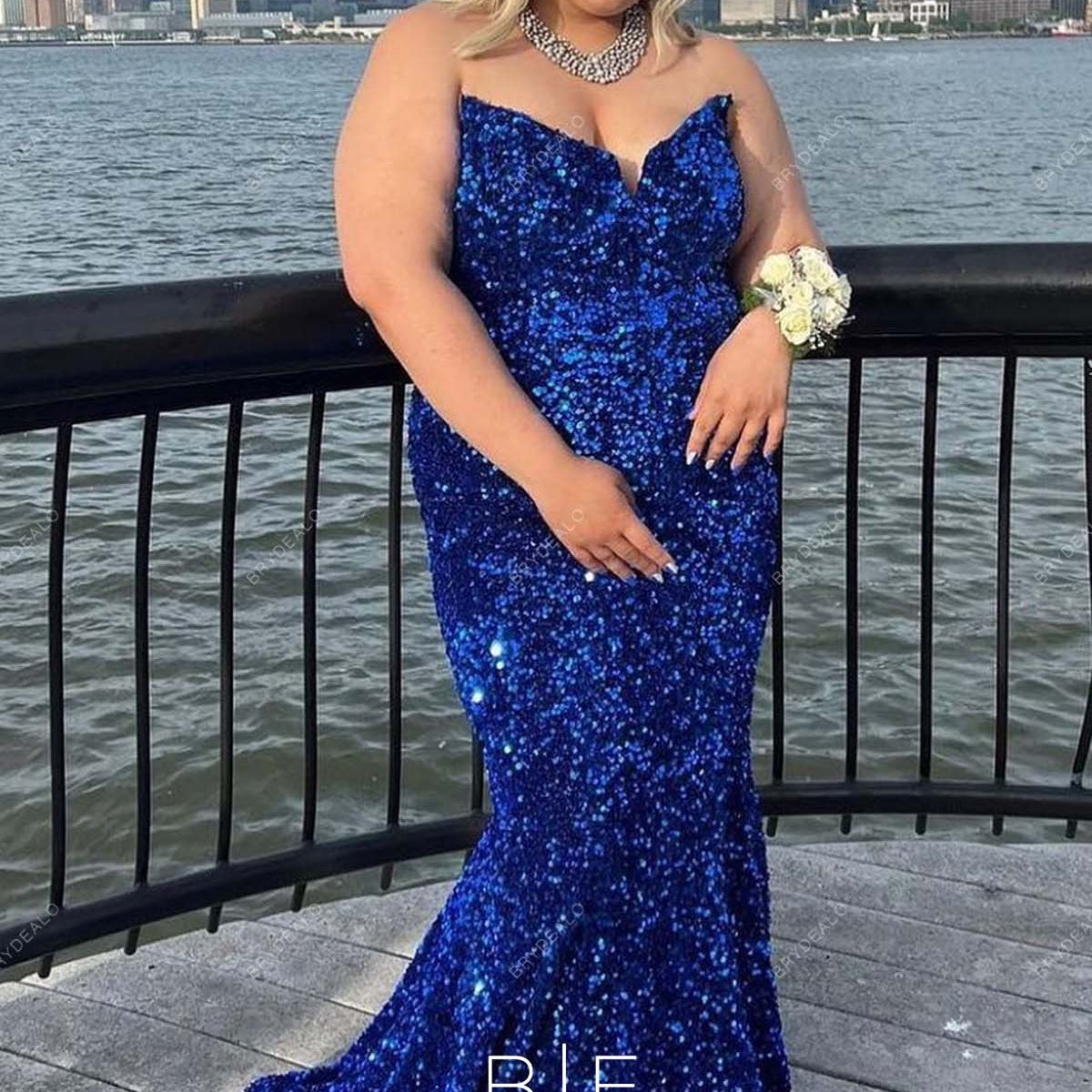 plus size blue sequin dress Royal Blue Sequins Strapless Short Court Train Mermaid Prom Dress