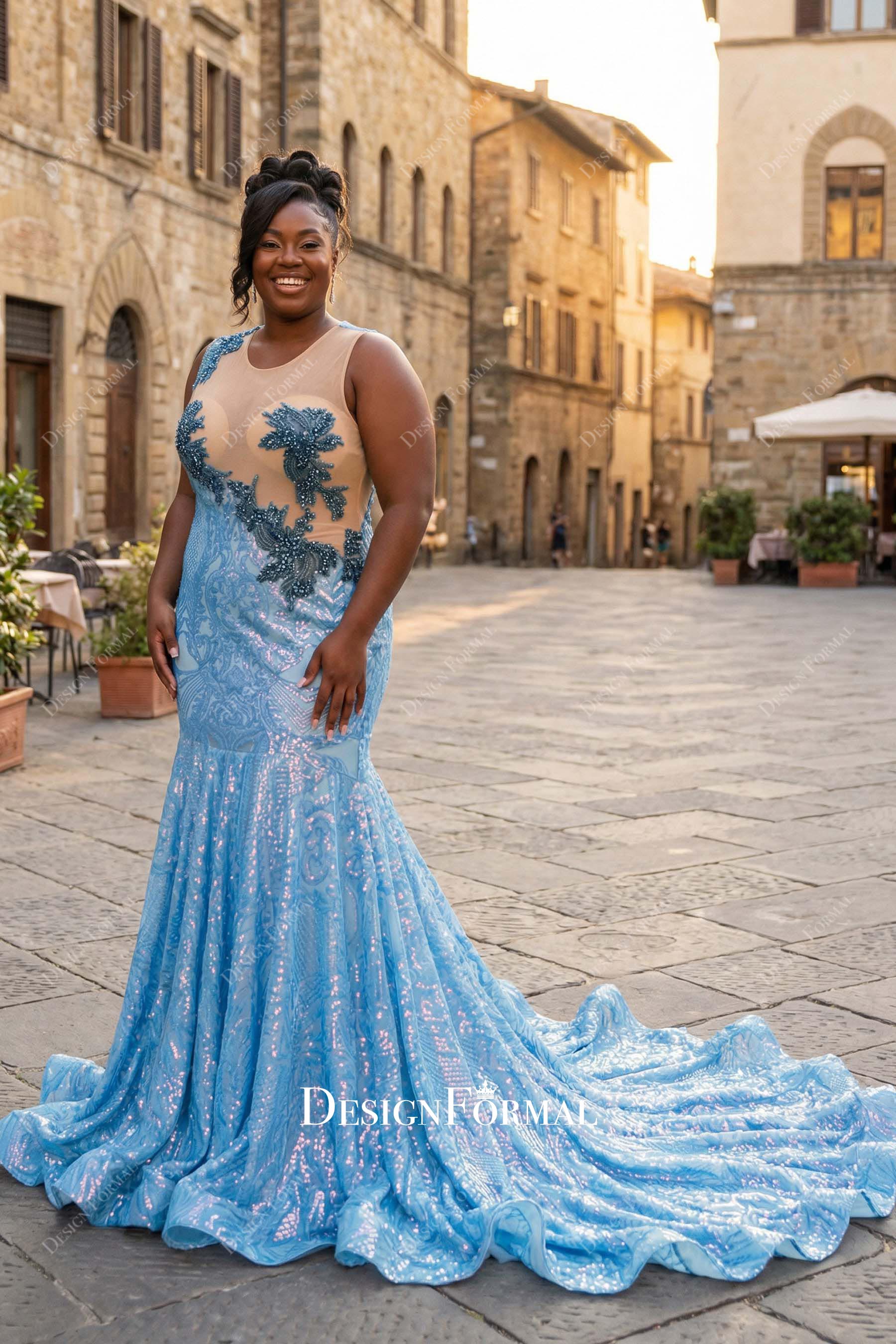 plus size blue sequin sleeveless prom dress