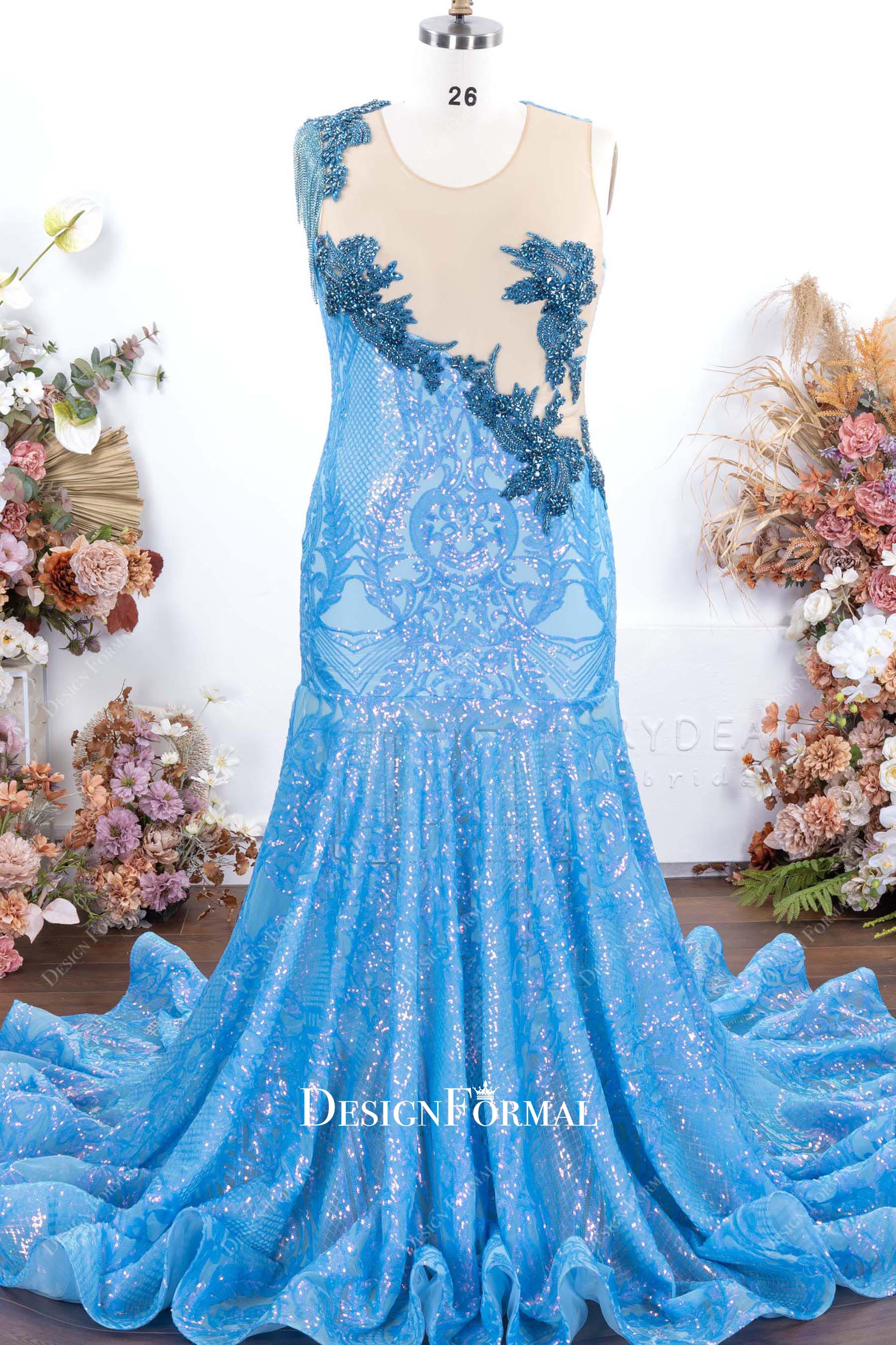 plus size blue trumpet prom dress