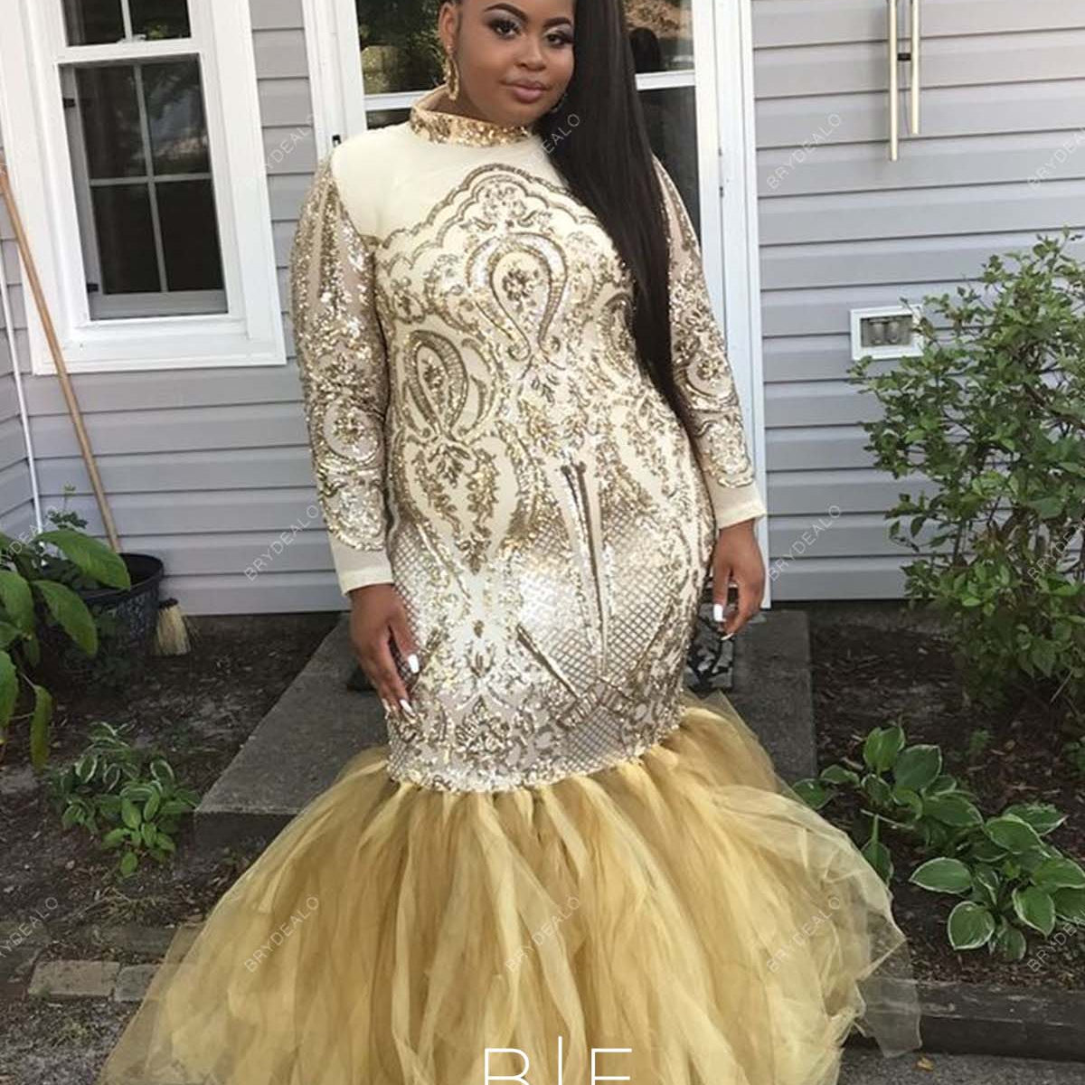 Unique Blue Sequin Custom Plus Size Long Sleeve Mermaid Prom Dress