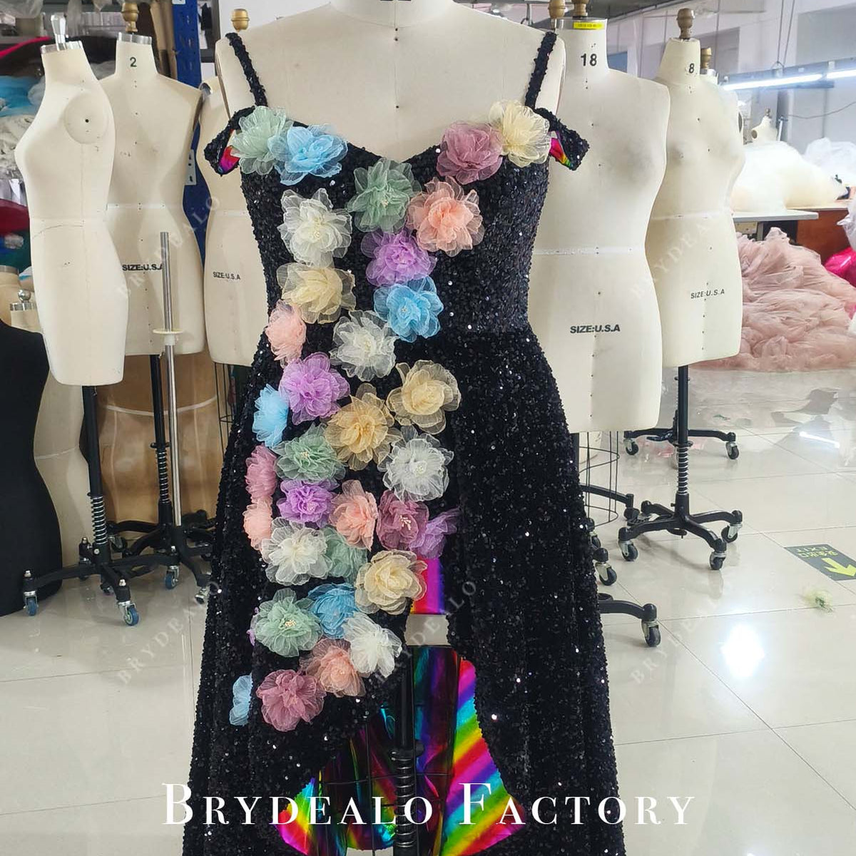 Black Sequin Overlay Rainbow Plus Size High-Low Senior Prom Dress