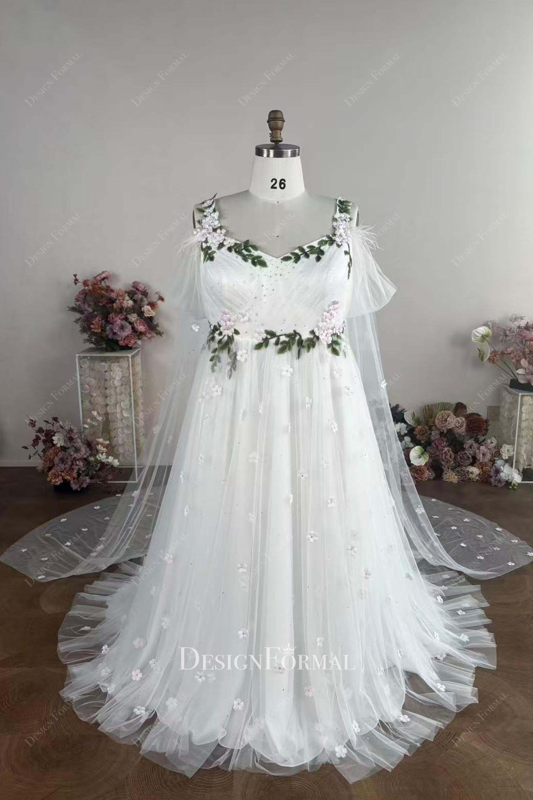 Plus Size Custom Pink Flower Green Leaf Empire Forest Wedding Dress