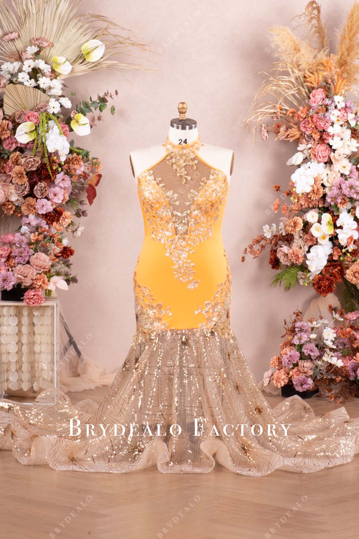 Custom Orange Jersey Gold Sequin Sparkly Prom Dress