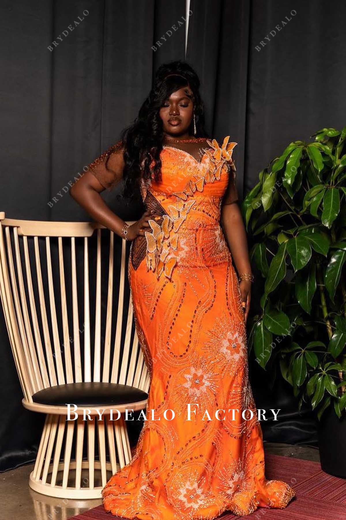 plus size glitter orange prom dress