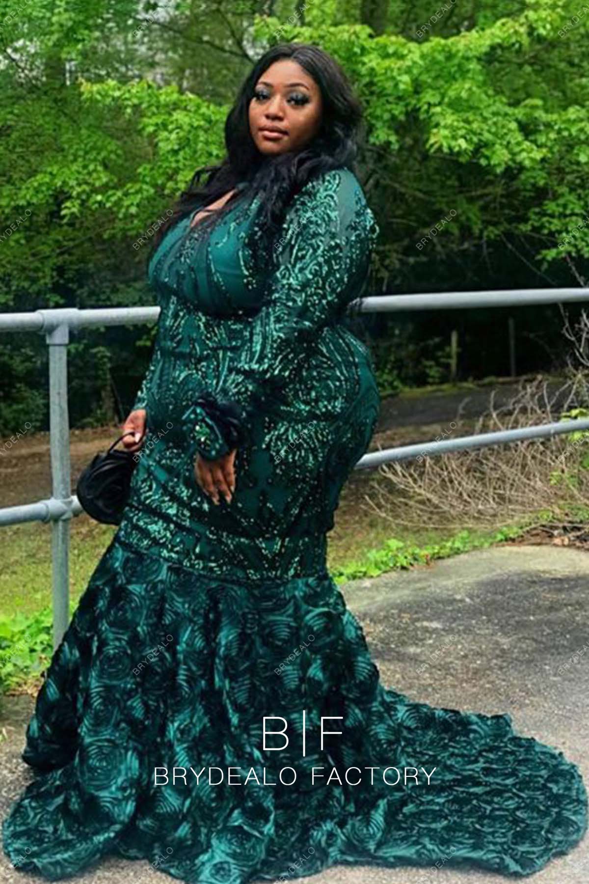 Plus Size Long Sleeve Green Sequin 3D Roses Mermaid Prom Dress