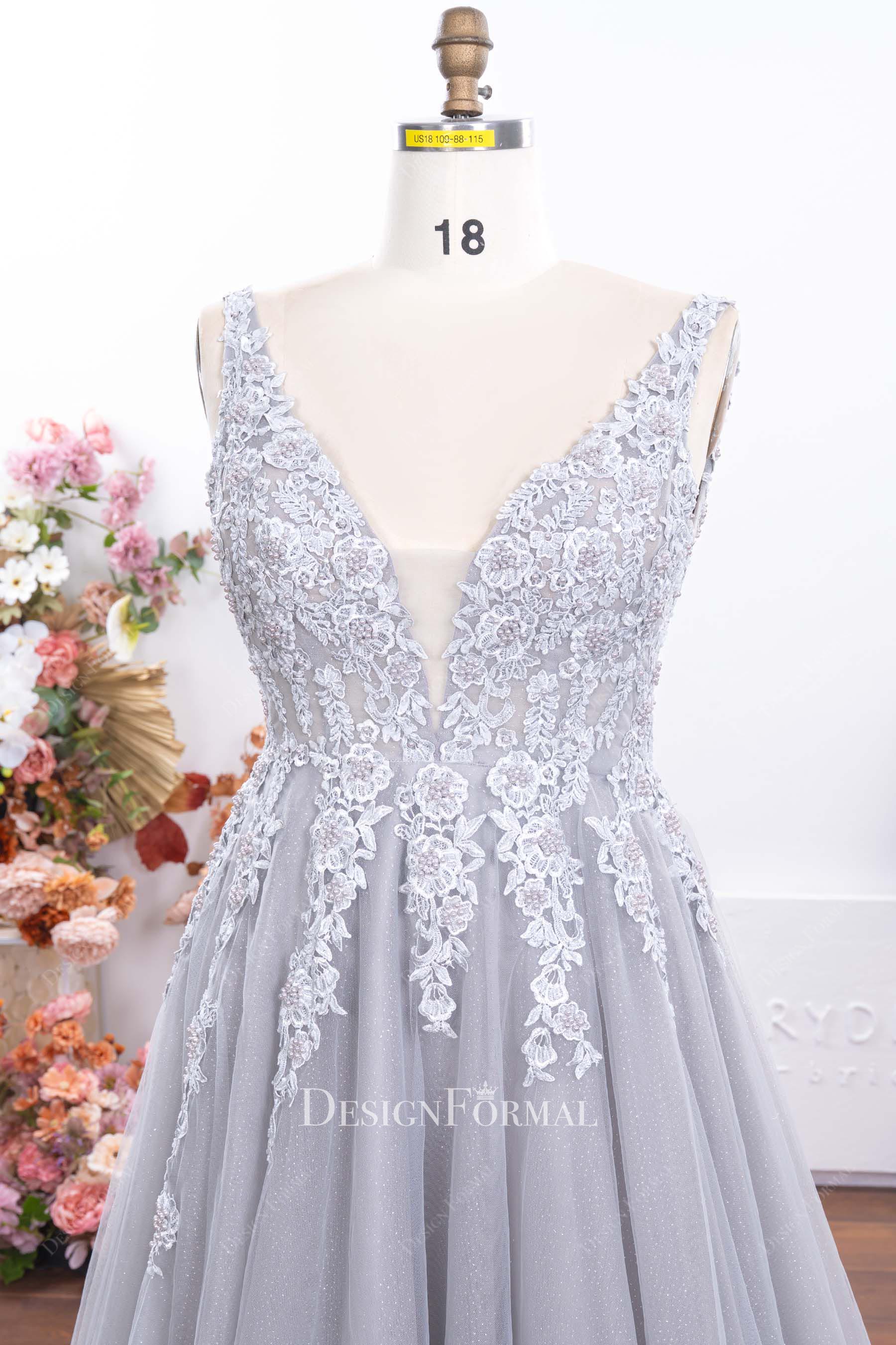 plus size grey plunging neck prom dress