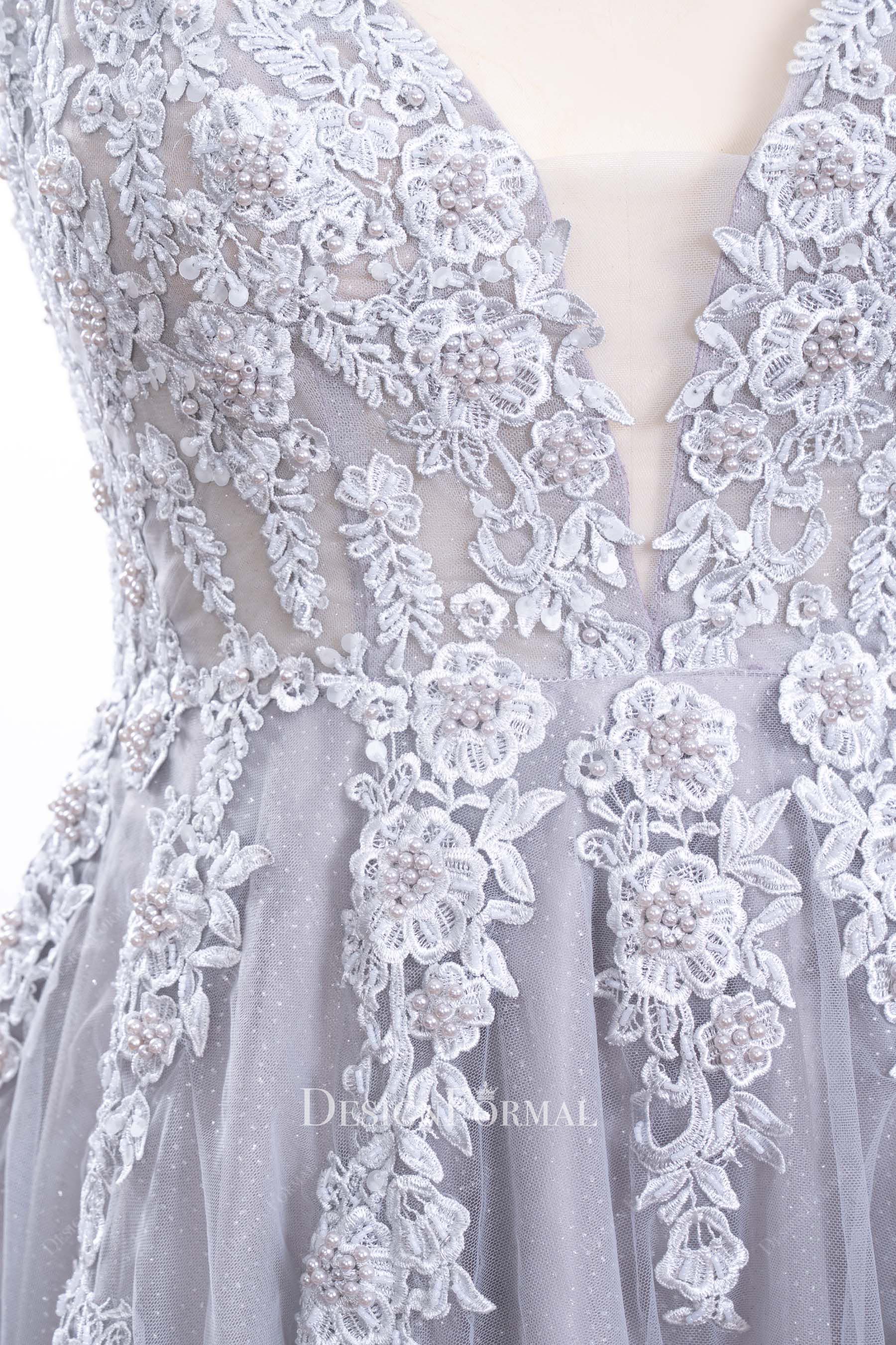 Plus Size Grey Glitter Tulle Beaded Lace A-Line Formal Gown