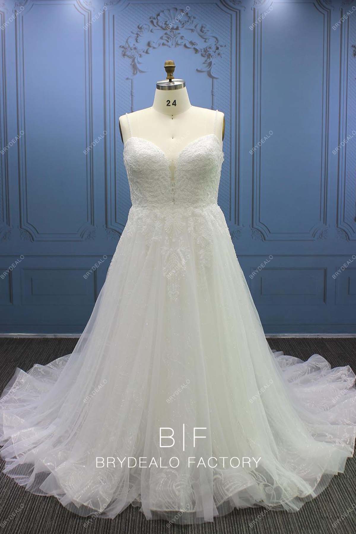 plus size plunging neck lace tulle wedding dress