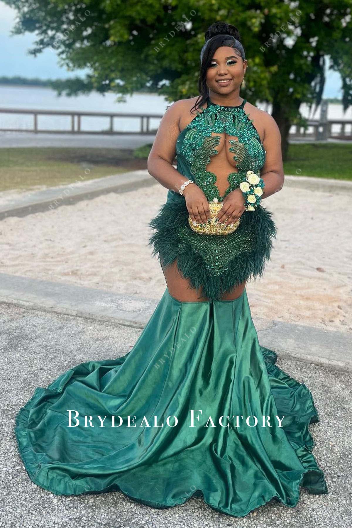 plus-size-rhinestone green halter trumpet prom dress