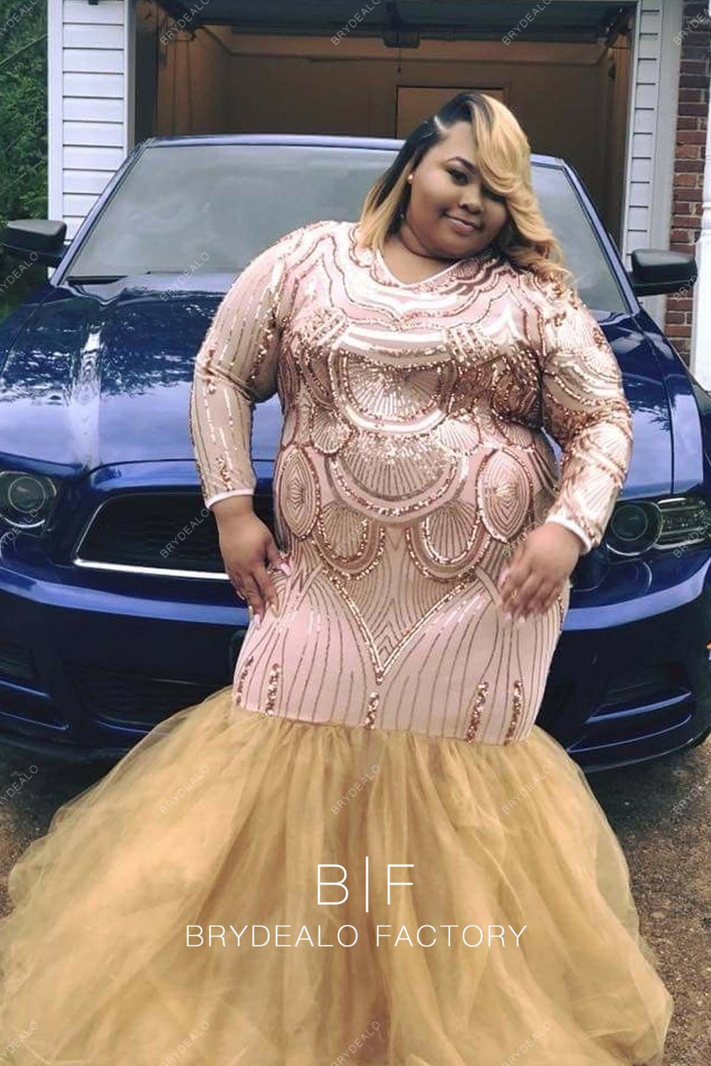 Roségold Pailletten Plus Size Champagner Trompeten-Ballkleid