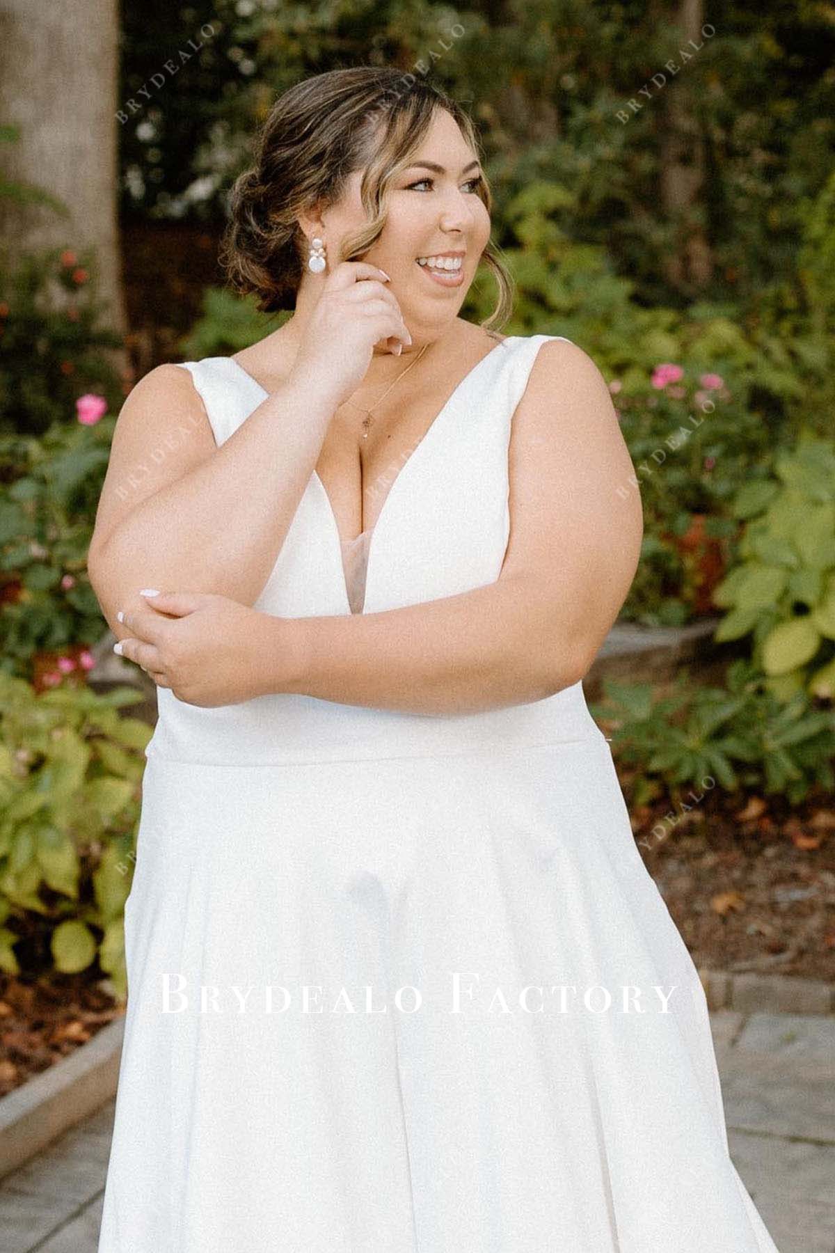 plus size white v neck wedding dress