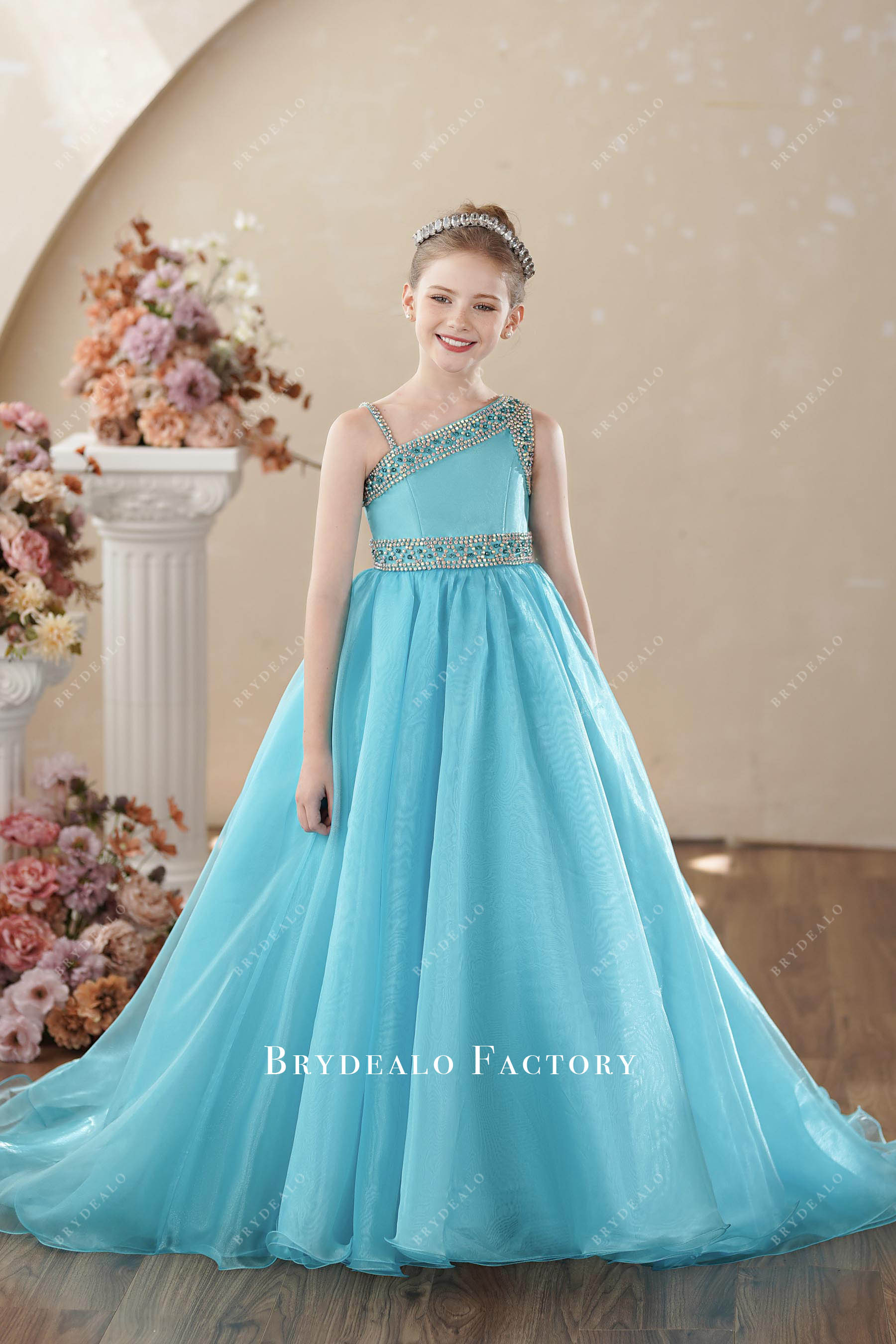 pool blue one shoulder long kids pageant dress