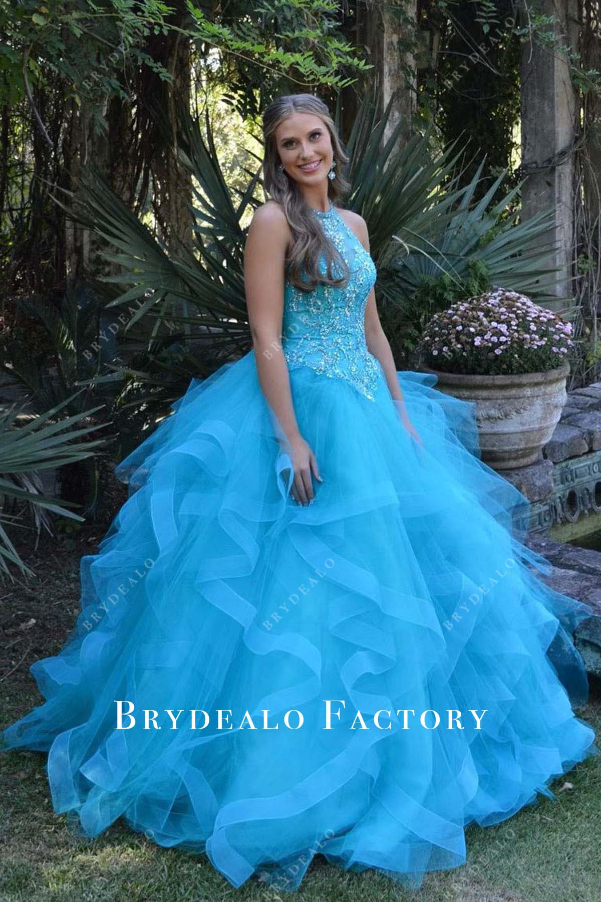 pool halter ruffled tulle Quinceanera homecoming dress