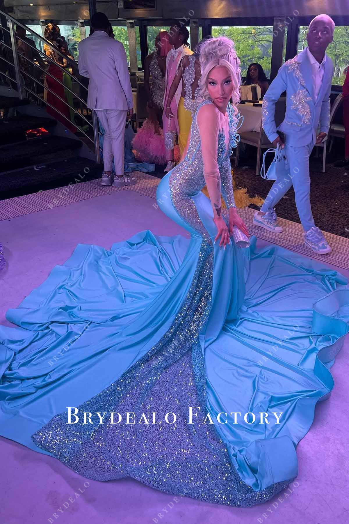 pool long sleeves trumpet prom dress