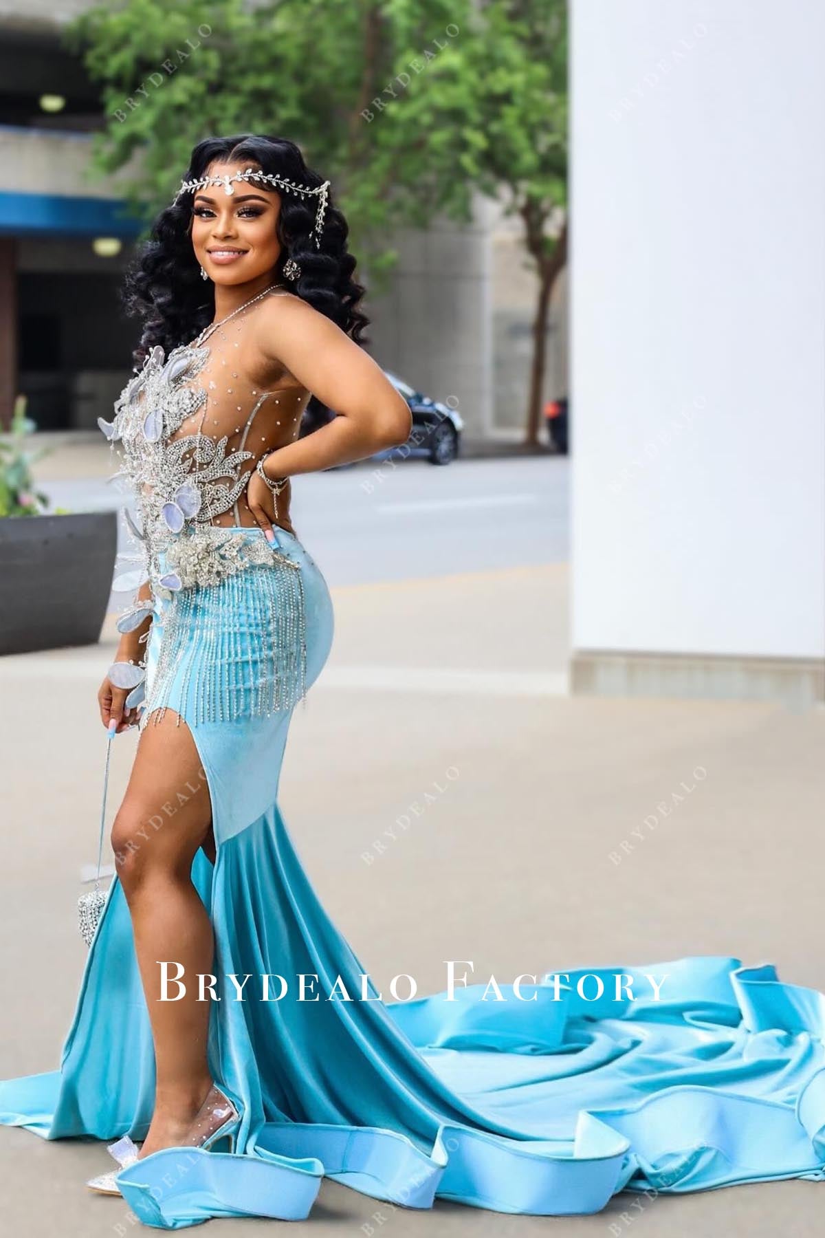 pool mermaid long train prom dress