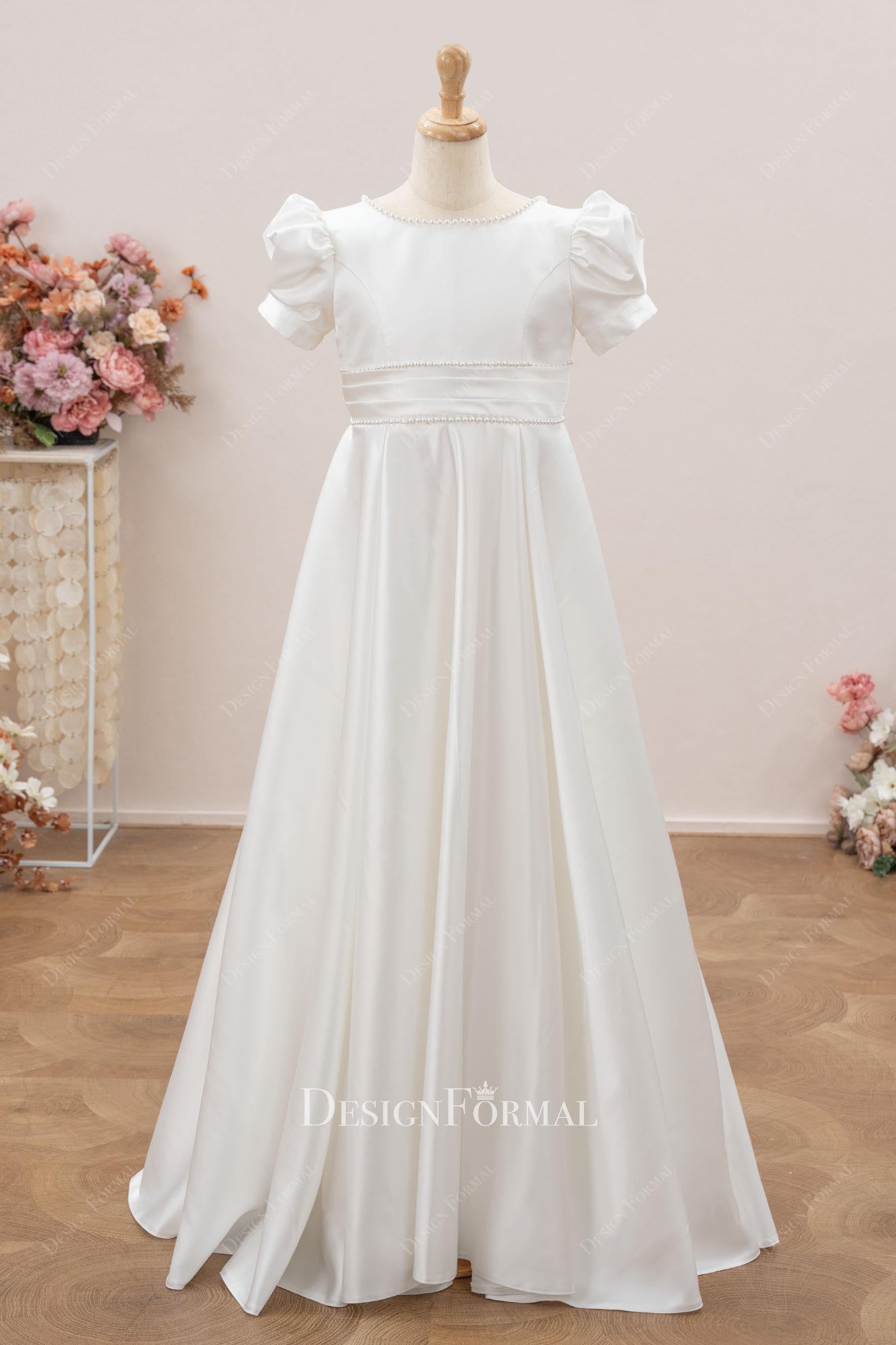 puffy sleeve satin a line flower girl dress