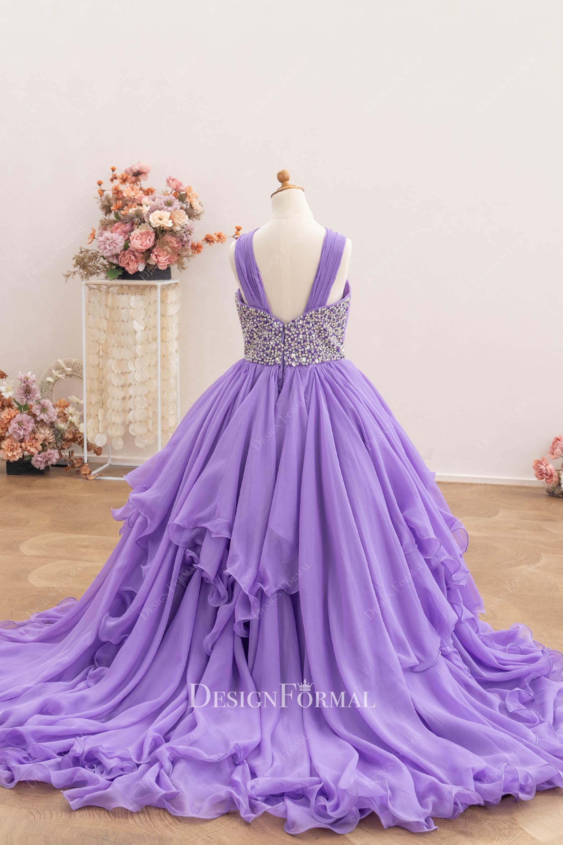 purple a line court train pageant gown
