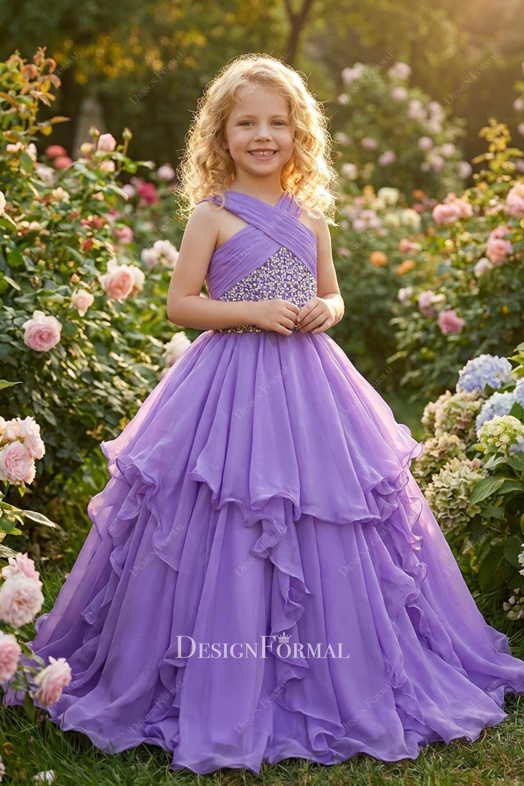 purple chiffon layered pageant dress