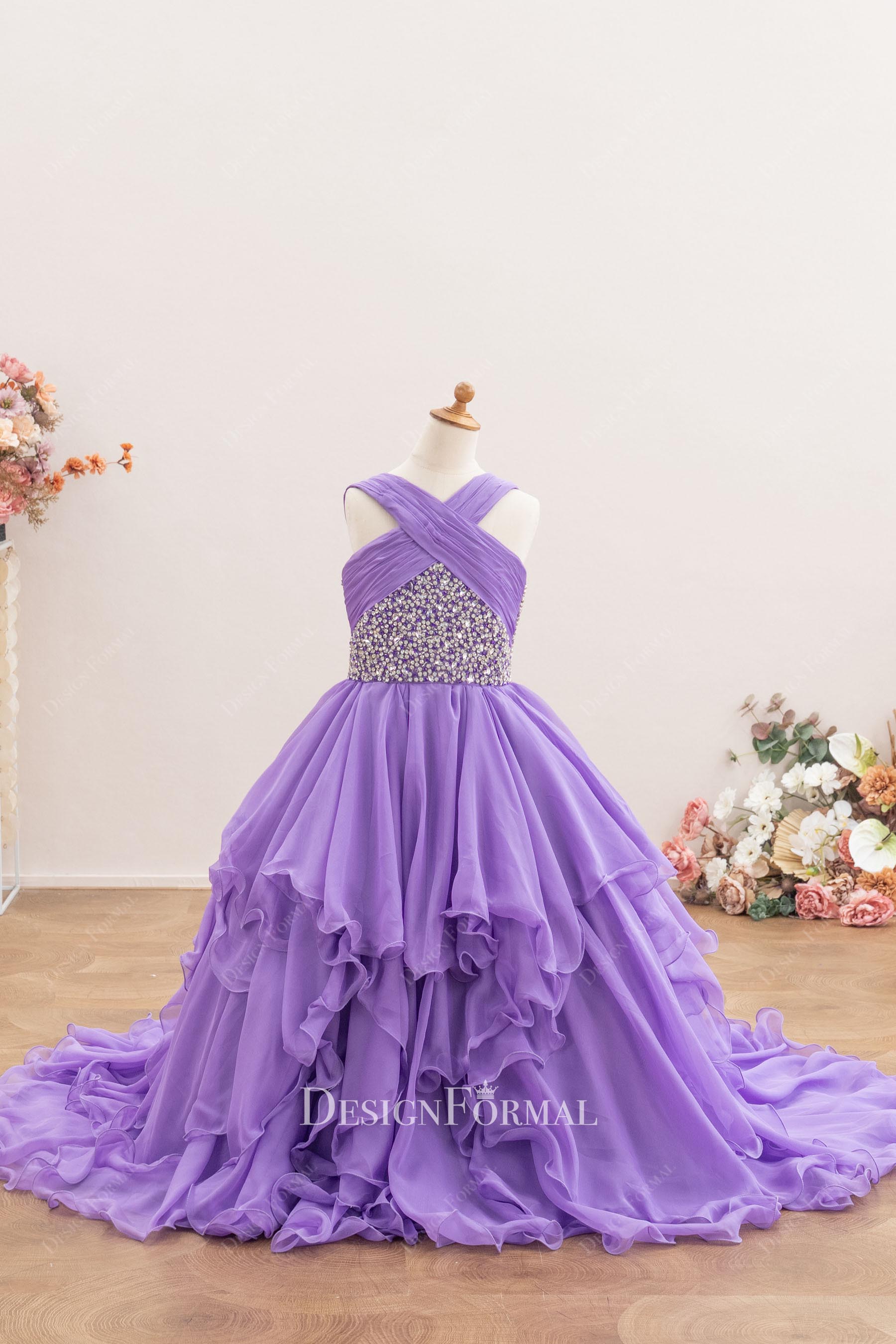 purple criss cross neck kids pageant gown
