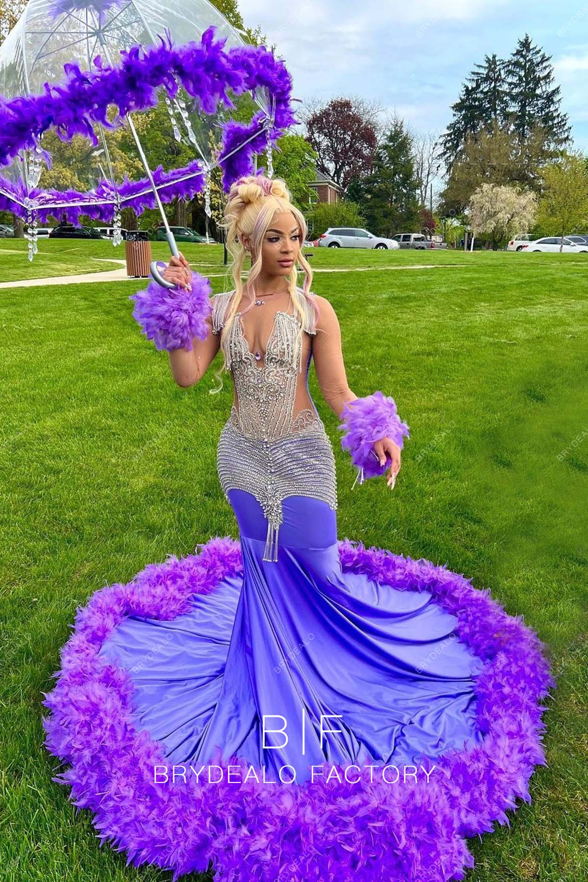 Sparkly Rhinestones Purple Spandex Knit Feathers Prom Dress