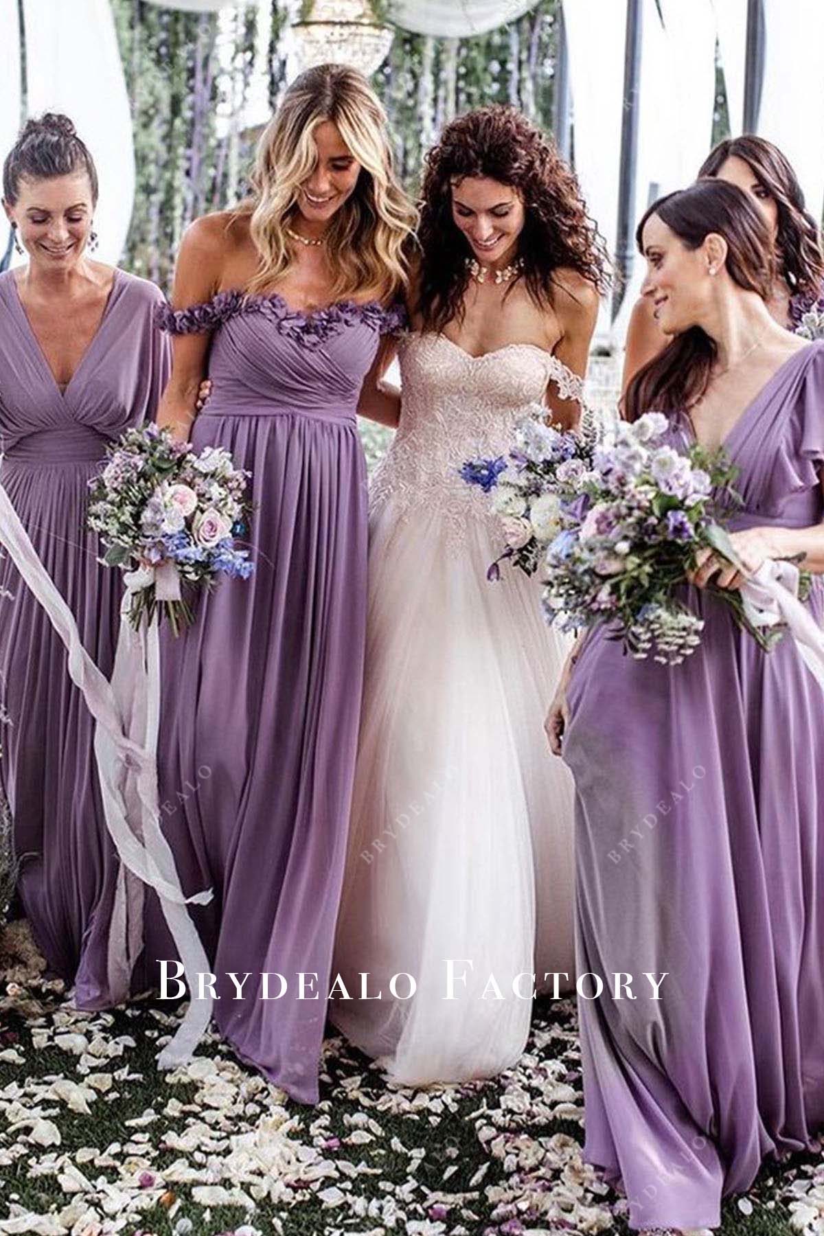 purple floor length mismatched bridesmaid dress