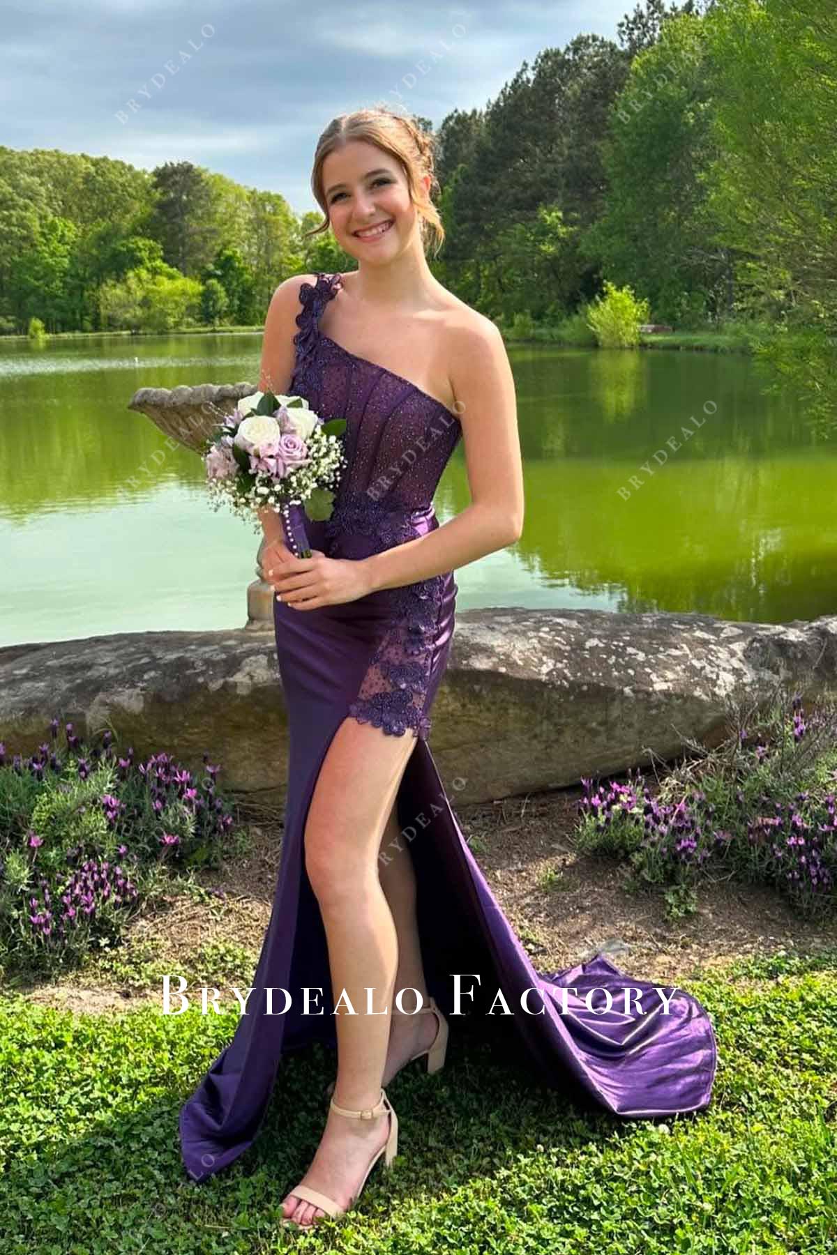 purple one shoulder prom dress