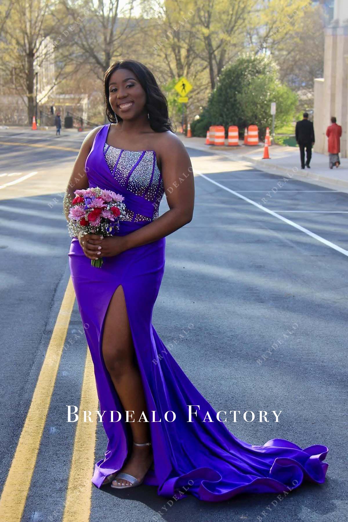 purple one shoulder prom dress