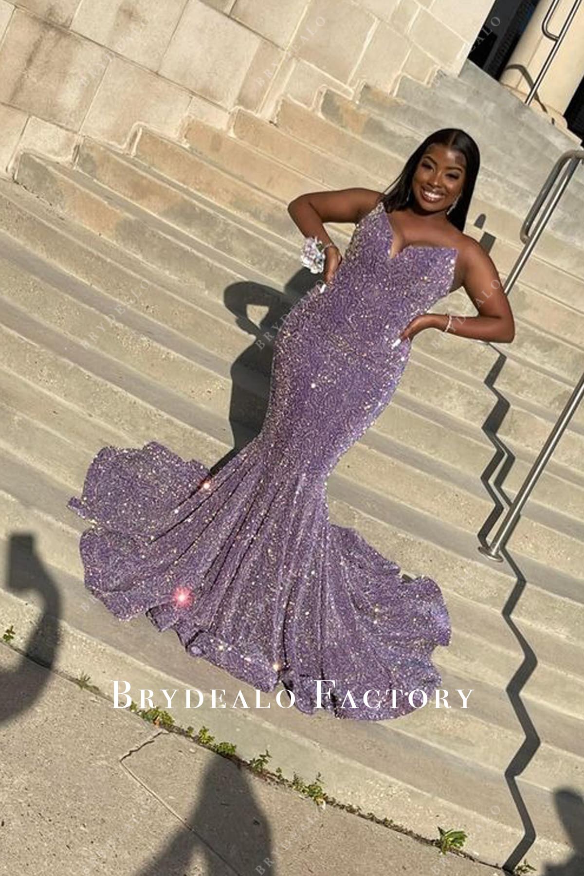Purple Glitter Strapless Mermaid Prom Dress