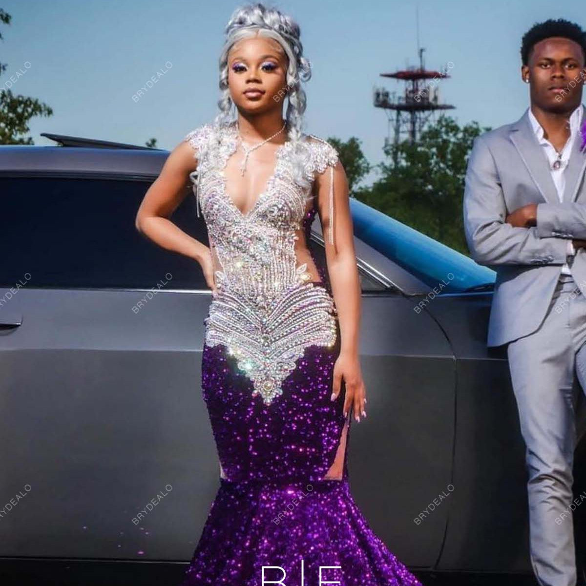 purple sequin mermaid prom dress Mermaid Purple Sequin Long Prom Dress with Slit