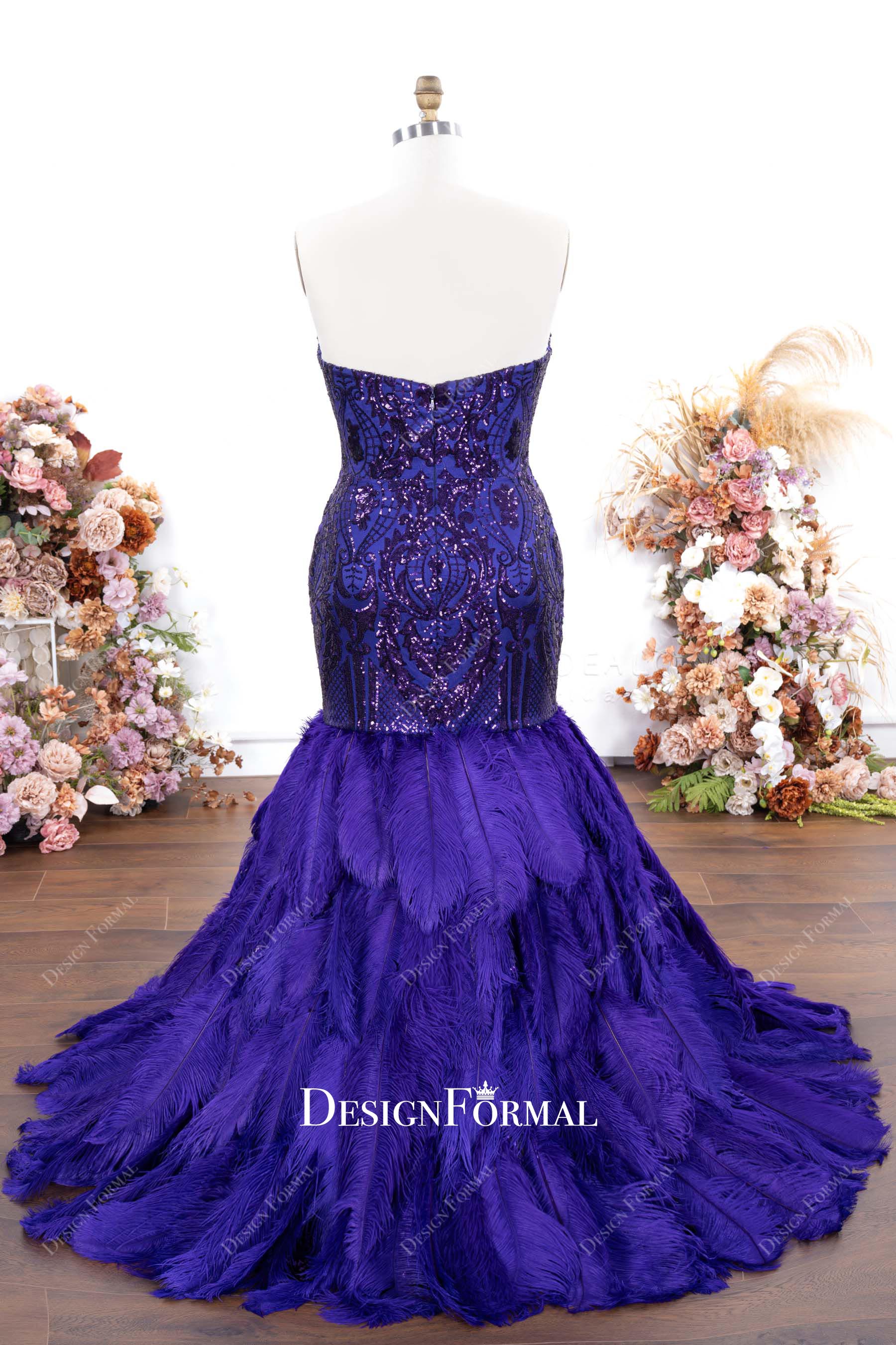 purple sequin feathered trumpet prom dress