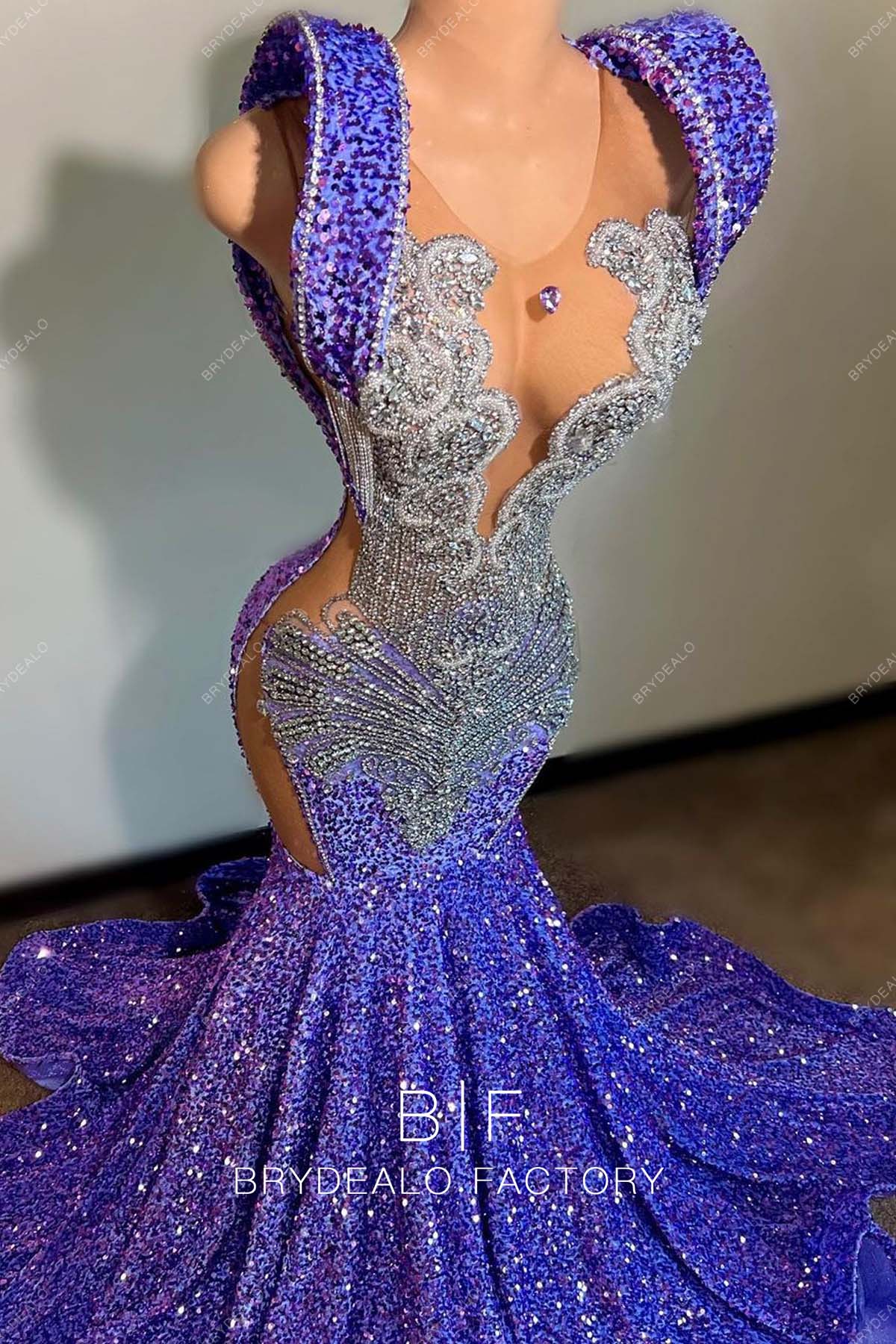Purple Sequins Sleeveless Mermaid Rhinestones Prom Dress
